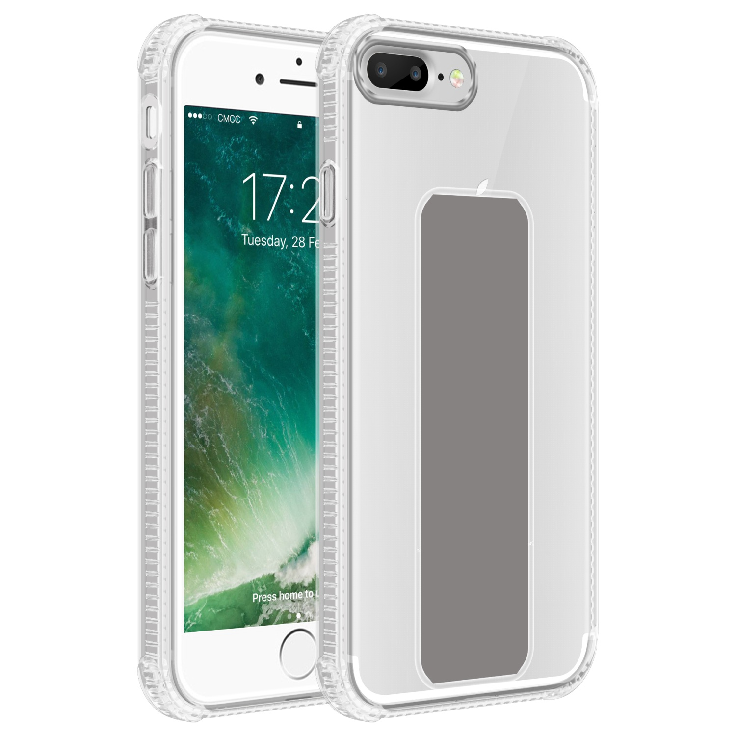 Transparente Handyhülle auf einem weißen iPhone. Telefon zeigt die Uhrzeit. Grauer Einsatz.