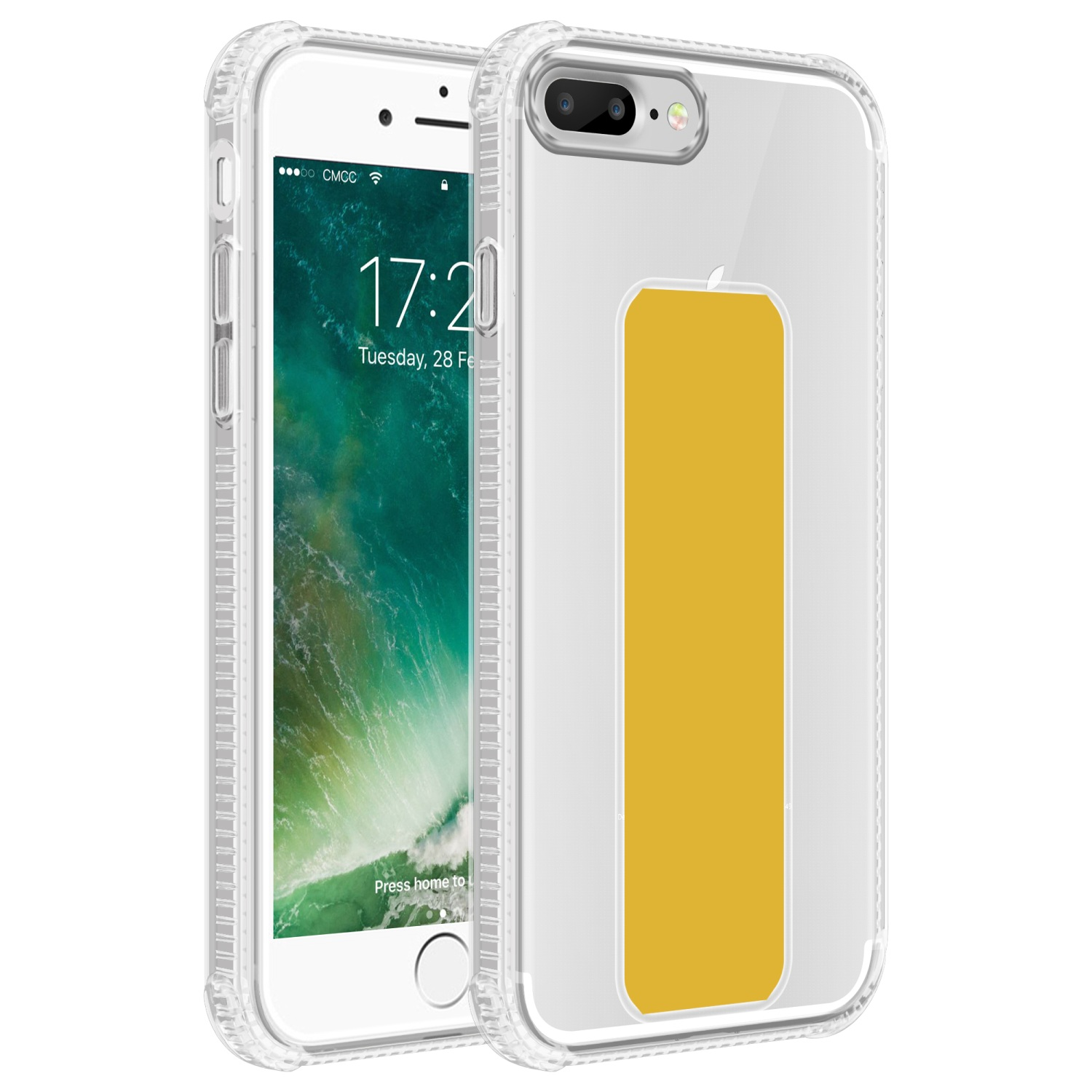 Transparente Handyhülle auf einem Telefon mit gelbem Rechteck. Telefon zeigt Uhrzeit und CMCC-Logo.