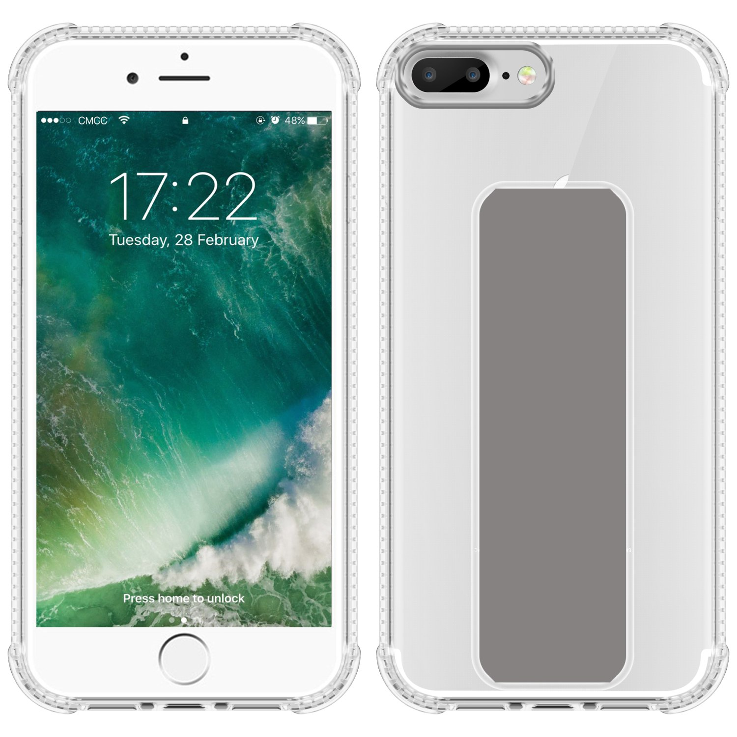 Zwei Telefone nebeneinander. Eines zeigt Zeit, das andere hat eine transparente Hülle und einen grauen Ständer.