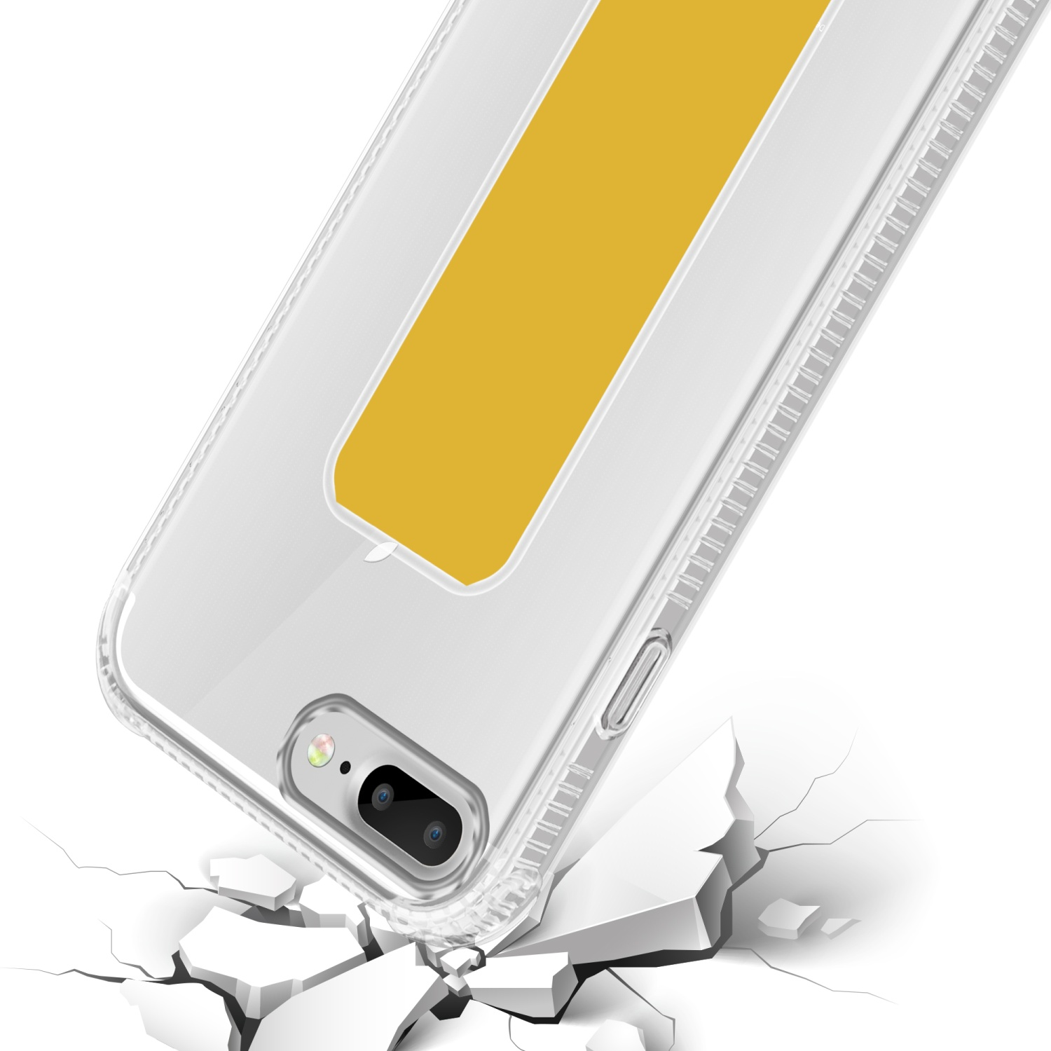 Transparente Handyhülle mit gelbem Streifen, rissigem Boden und Telefonkamera. Die Hülle fällt auf weißem Hintergrund.