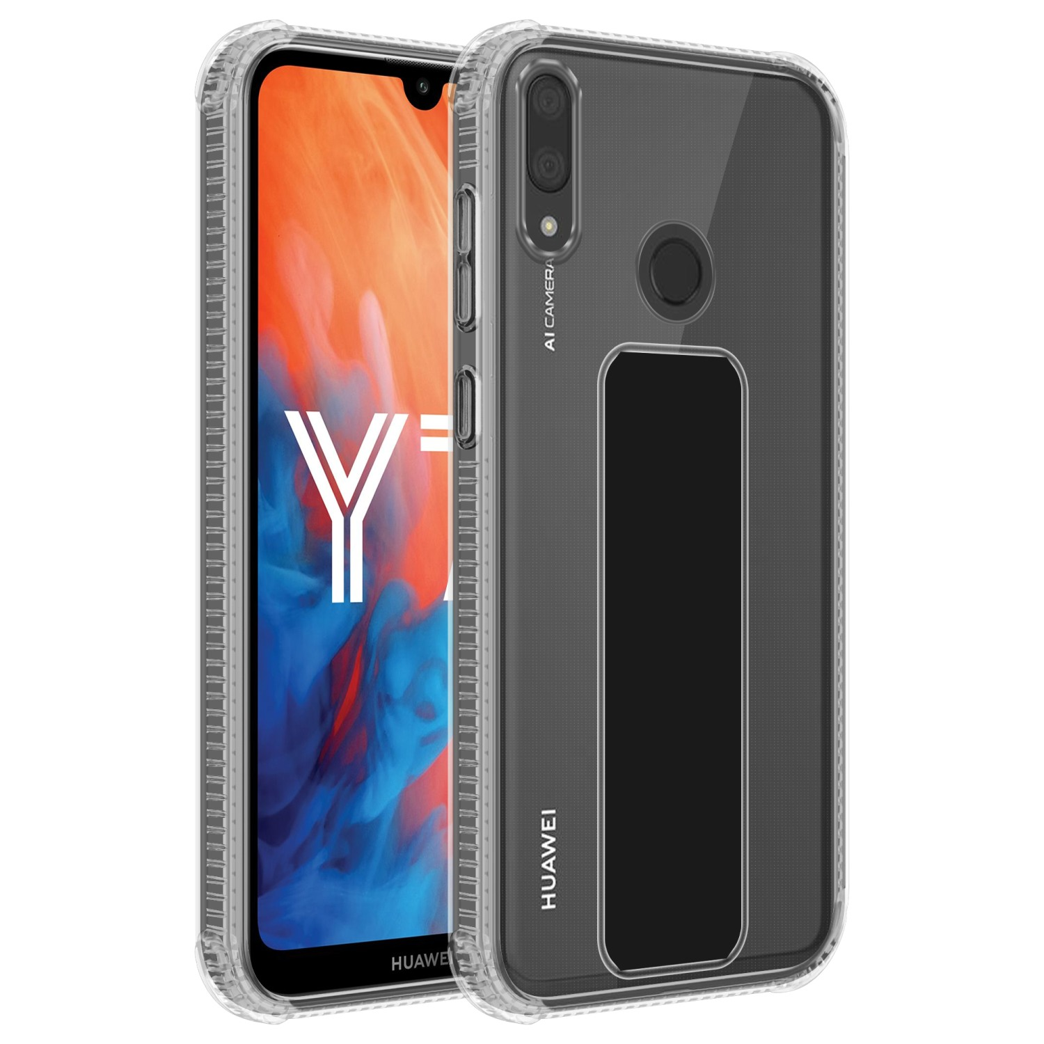 Transparente Handyhülle mit Telefon. Das Telefon hat ein weißes Y.
