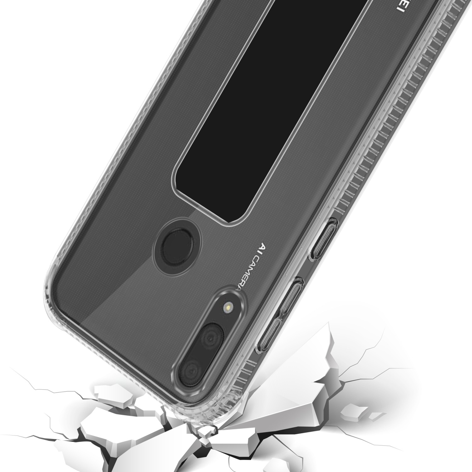 Transparente Handyhülle mit Ständer, die auf einer zerbrochenen Oberfläche liegt. Das Telefon hat eine Kamera.