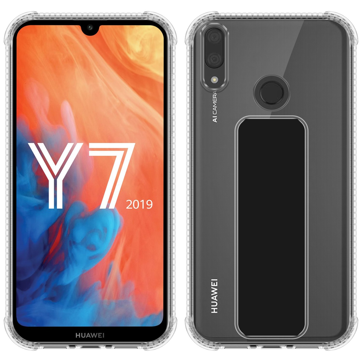 Telefonhüllen mit dem Y7 2019 Logo, weißer Hintergrund.
