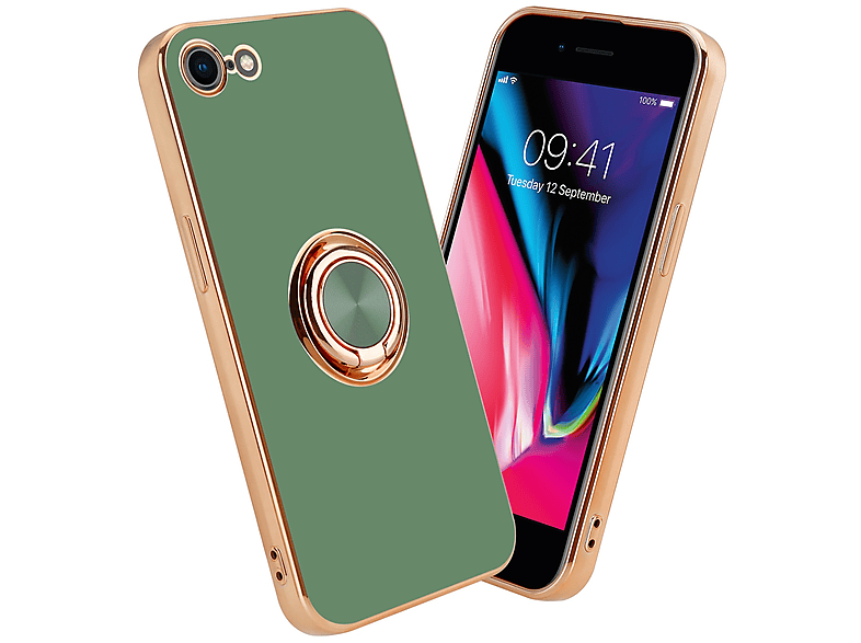 CADORABO Hülle mit Kameraschutz und magnetischer Autohalterung, Backcover, Apple, iPhone 7 / 7S / 8 / SE 2020, Glossy Hell Grün - Gold | Backcover