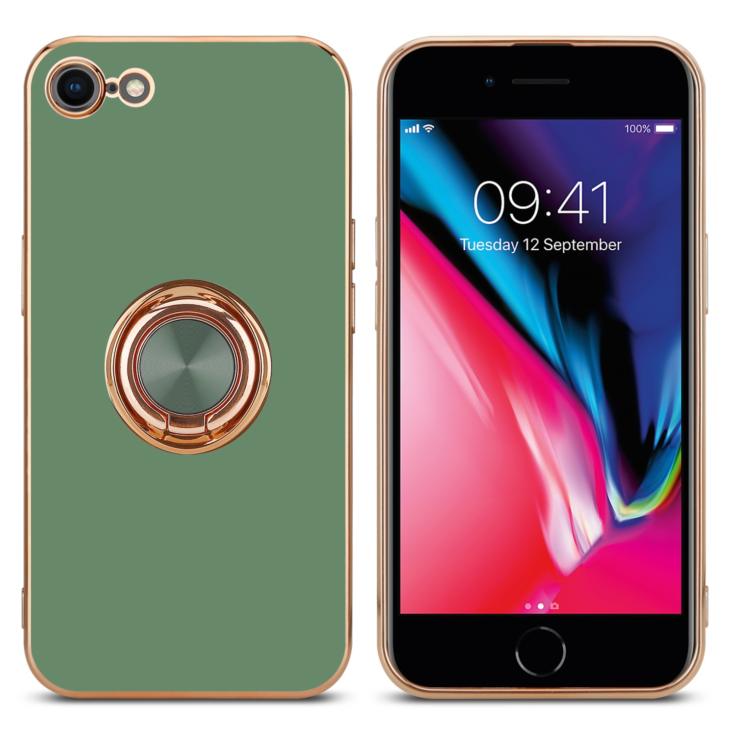 Handyhülle mit Ring. Das Telefon ist rechts, die Hülle links.
