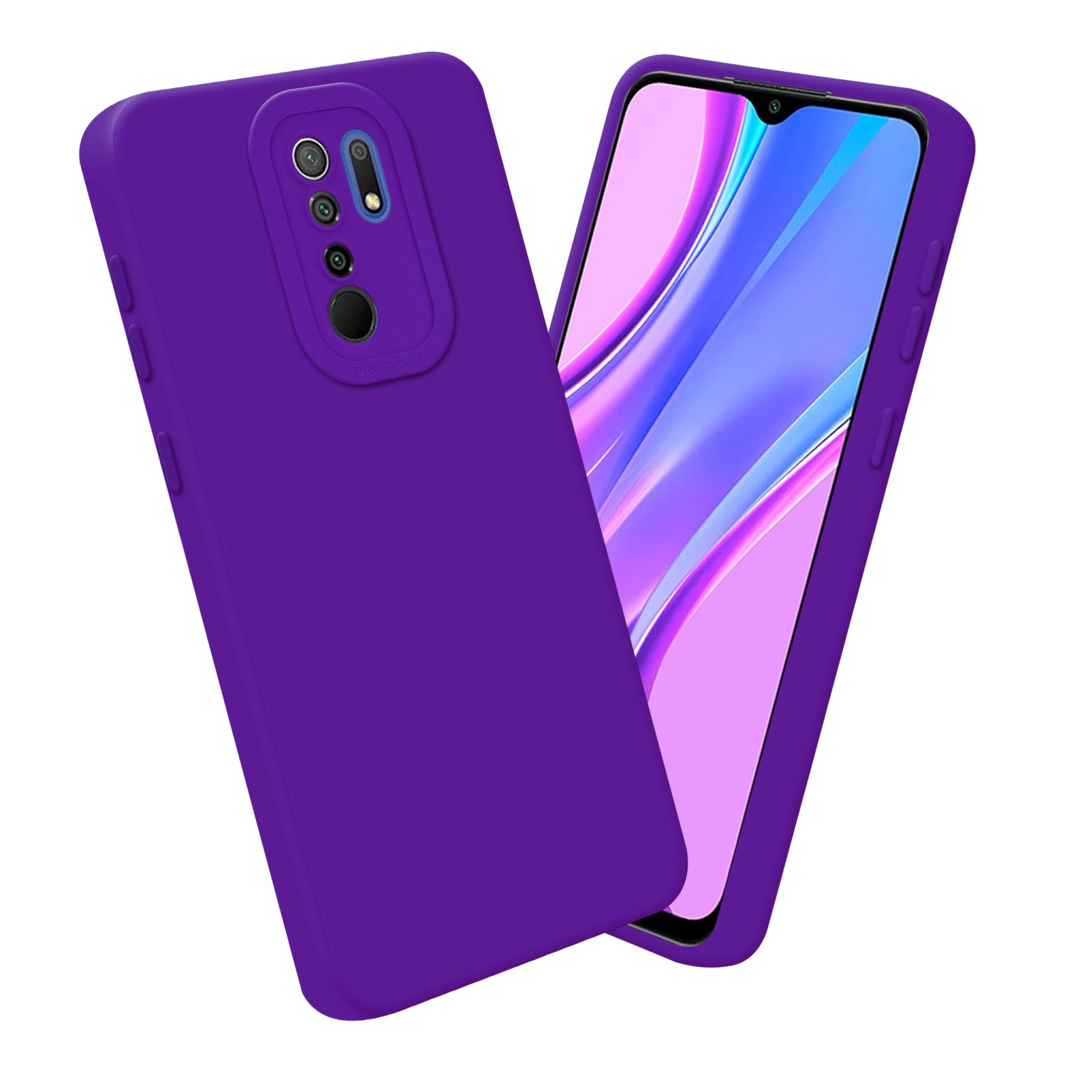 Una custodia per telefono viola con un telefono all'interno. Lo schermo del telefono è visibile.