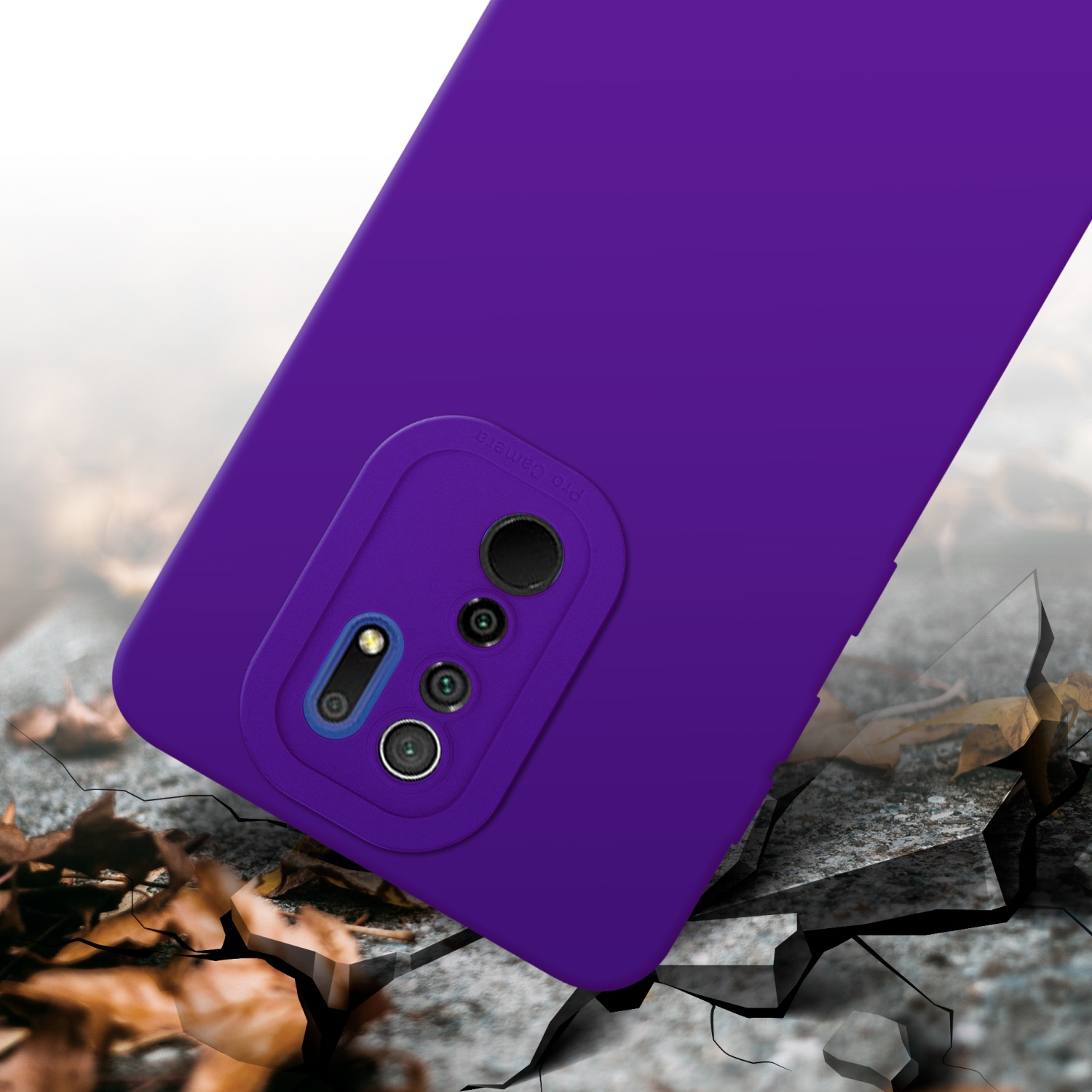 Custodia viola su superficie incrinata. La custodia ha un rilievo per la fotocamera.