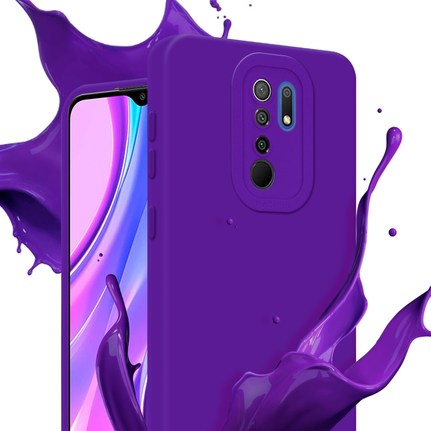Custodia per telefono viola con spruzzi di vernice viola, mostra il design della fotocamera.