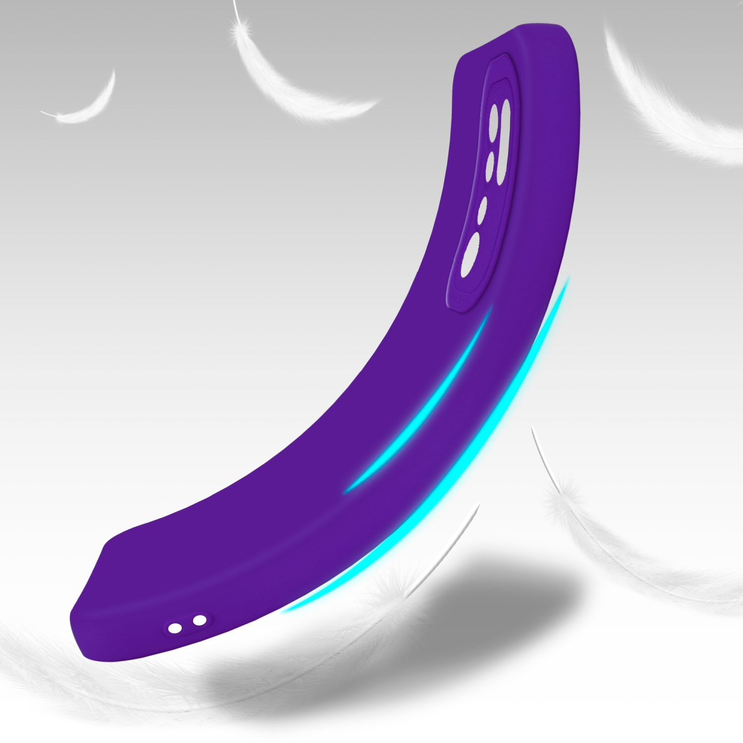 Custodia viola per telefono con design curvo, fluttuante con piume sullo sfondo.