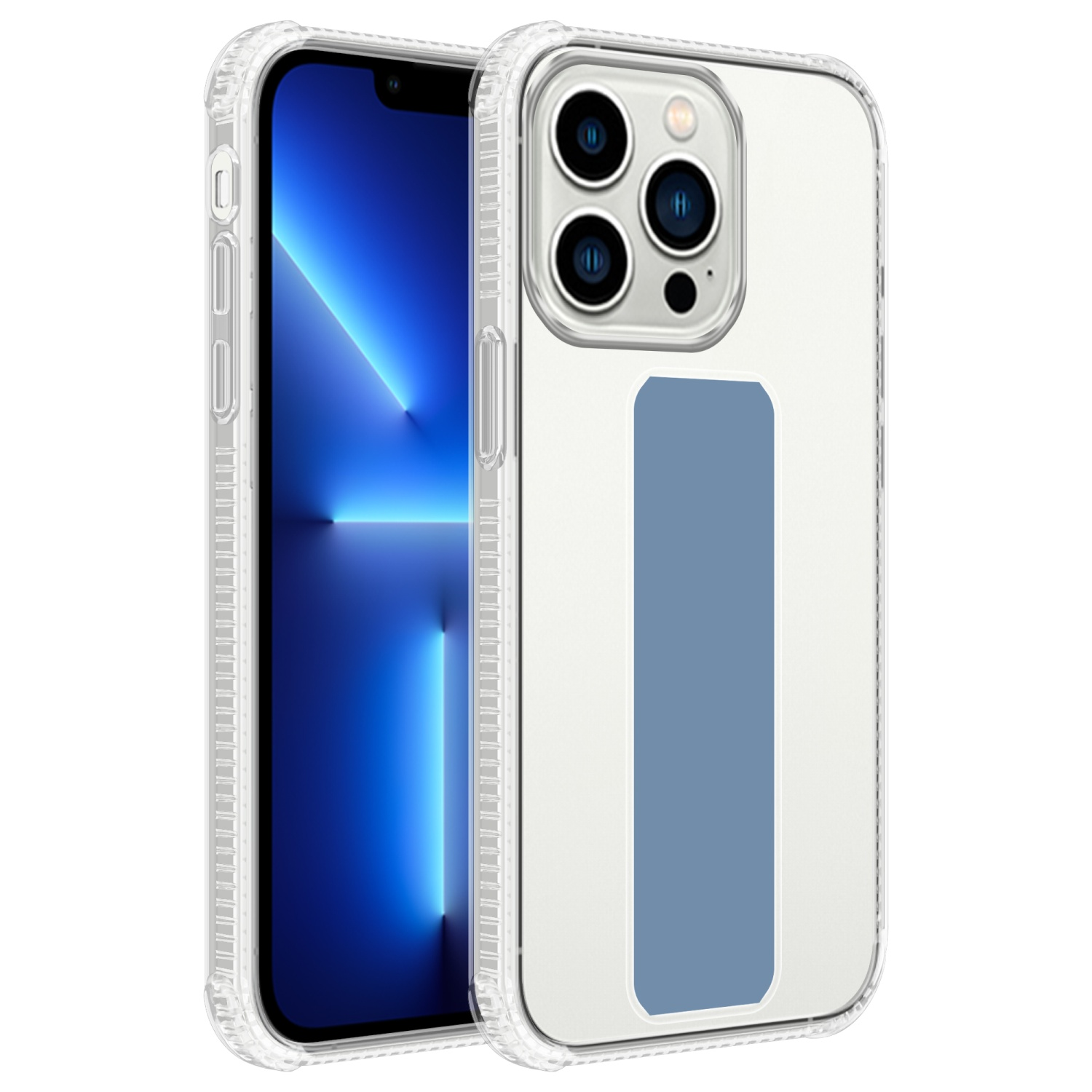 Transparente Handyhülle mit Telefon. Blauer Bildschirm. Weißer Hintergrund.