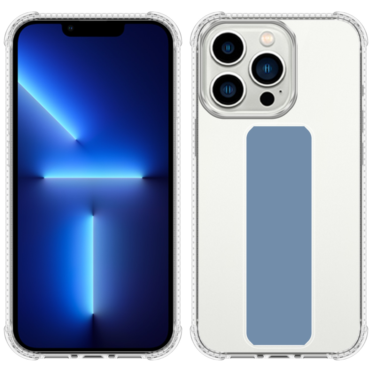 Ein Smartphone in einer durchsichtigen Hülle mit blauem Hintergrund auf dem Bildschirm und einem blauen Streifen auf der Rückseite.