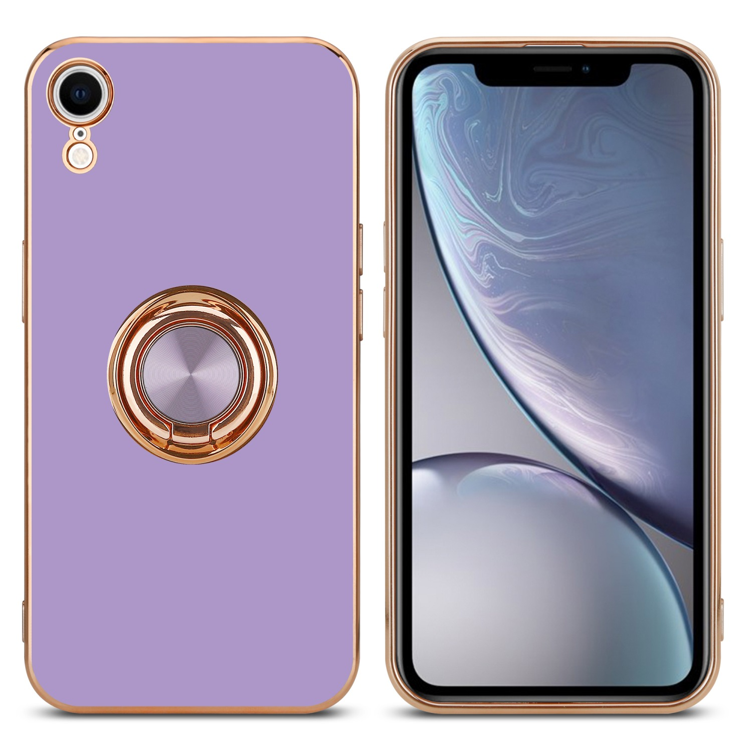 Ein Telefon in einer lila Hülle mit goldenem Ringhalter. Das Telefon befindet sich neben einer ähnlichen Hülle.