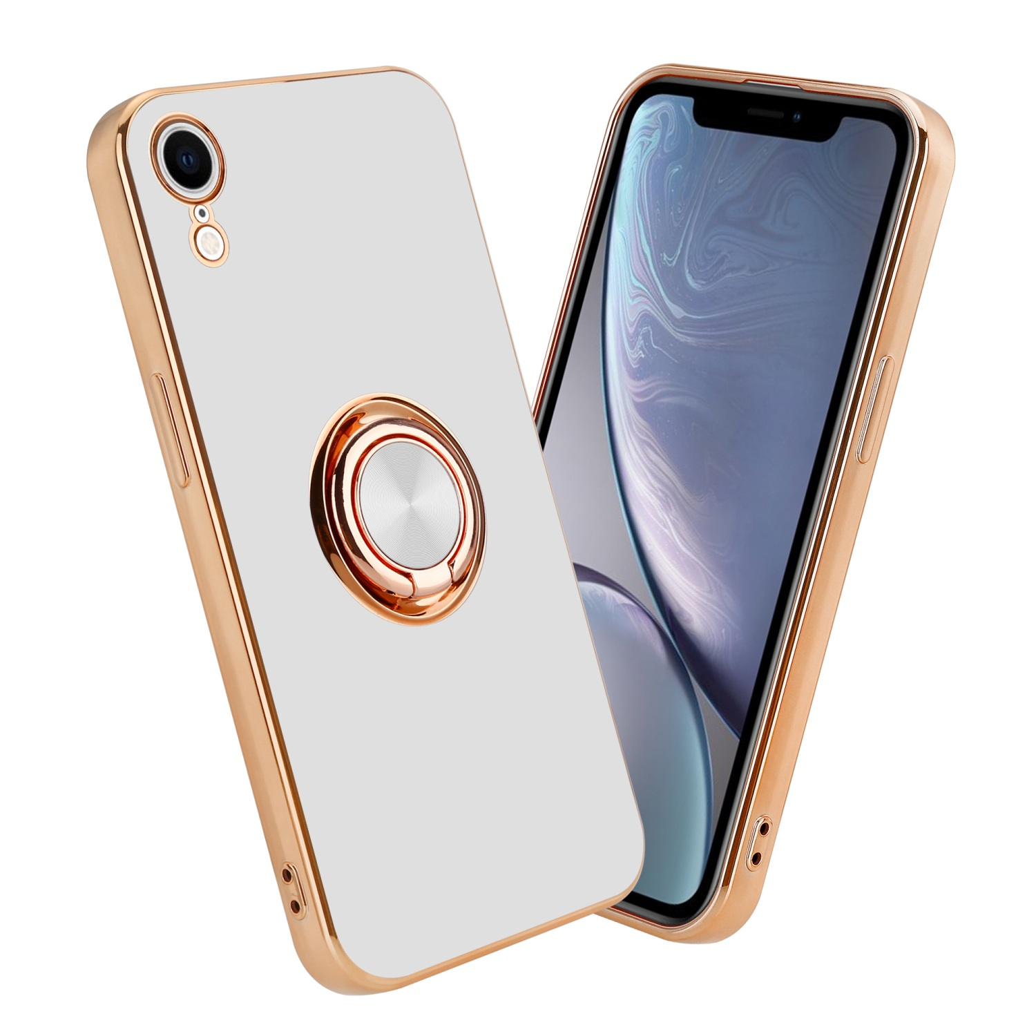 Weiße Handyhülle mit goldenem Rand und Ringhalter, plus ein geöffnetes Handy.