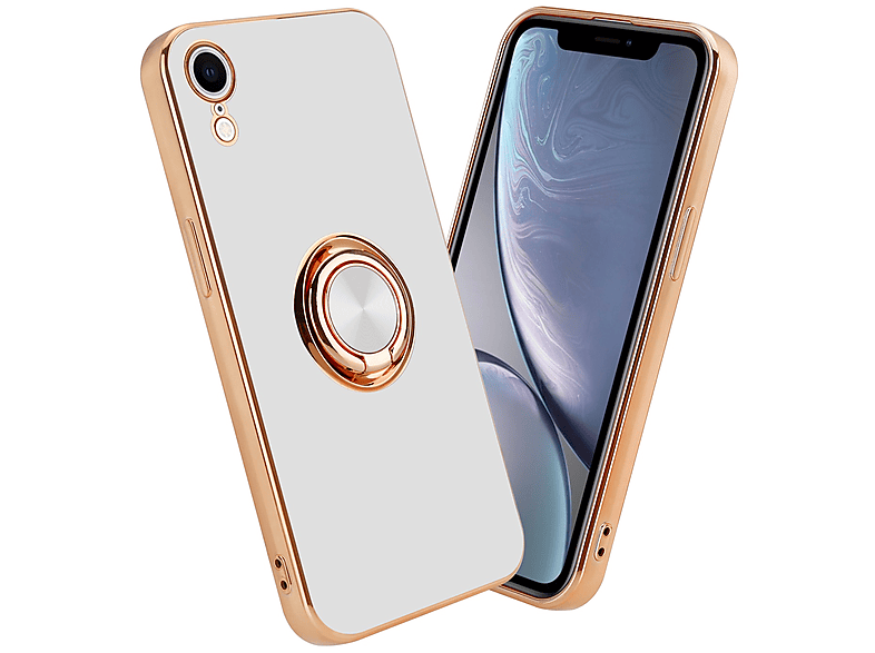 CADORABO Hülle mit Kameraschutz und magnetischer Autohalterung, Backcover, Apple, iPhone XR, Glossy Weiß - Gold