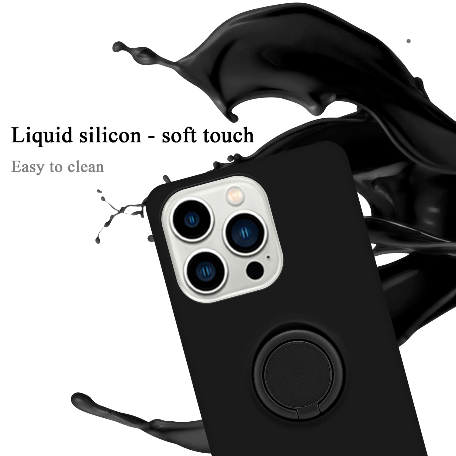 Eine schwarze Handyhülle mit Ringhalter wird mit einem Spritzer schwarzer Farbe gezeigt.