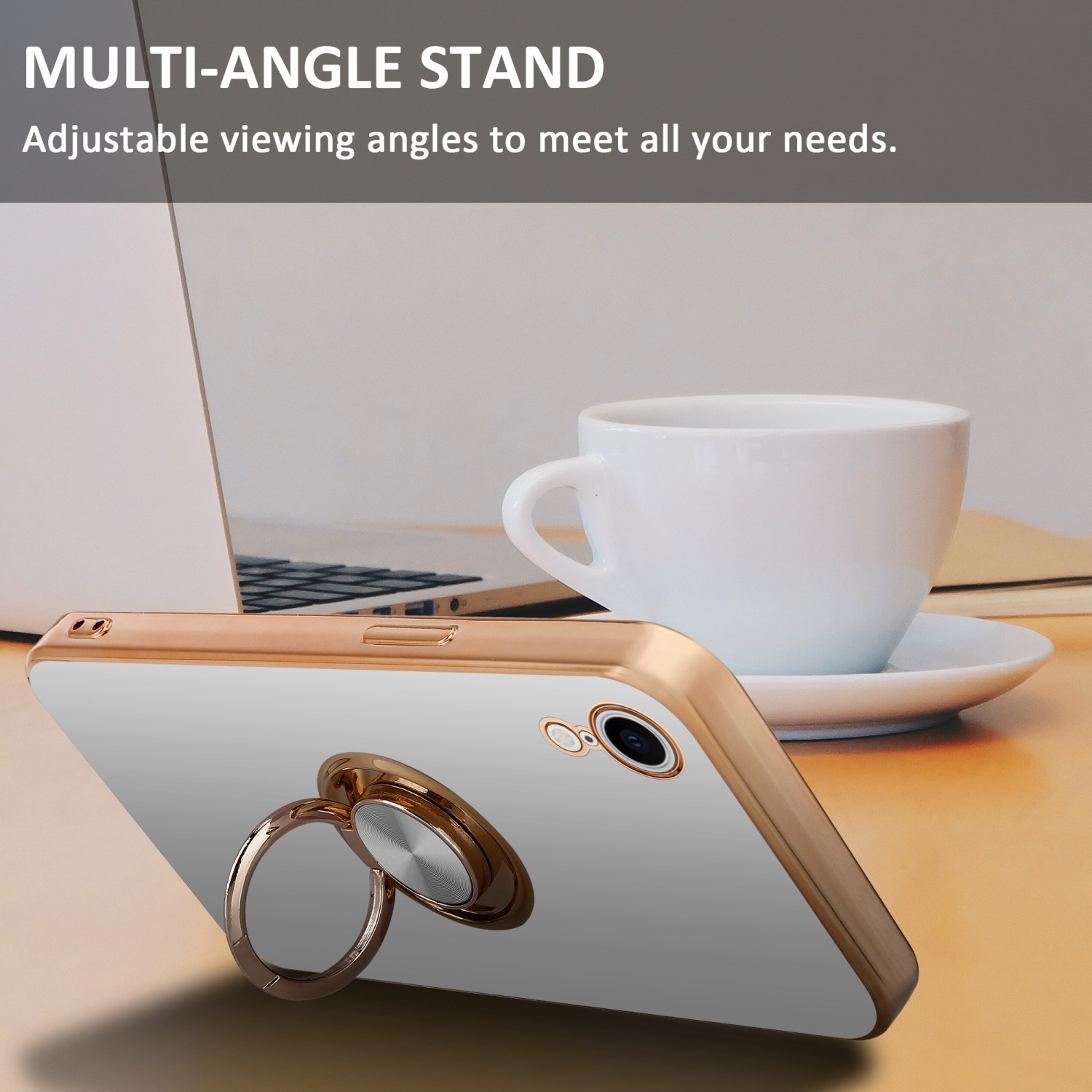 Handyhülle mit Ringhalter auf Schreibtisch, Text: Multi-Angle Stand.