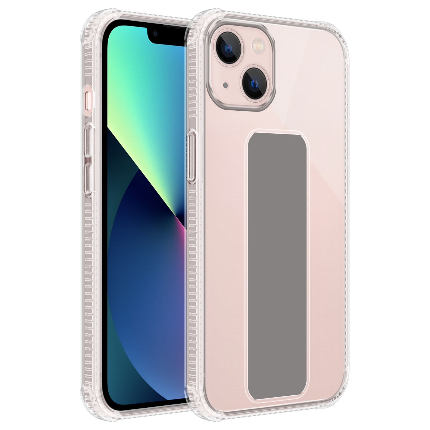 Transparente Handyhülle mit Kameraausschnitt und grauem Rechteck. Rosa Telefon innen.