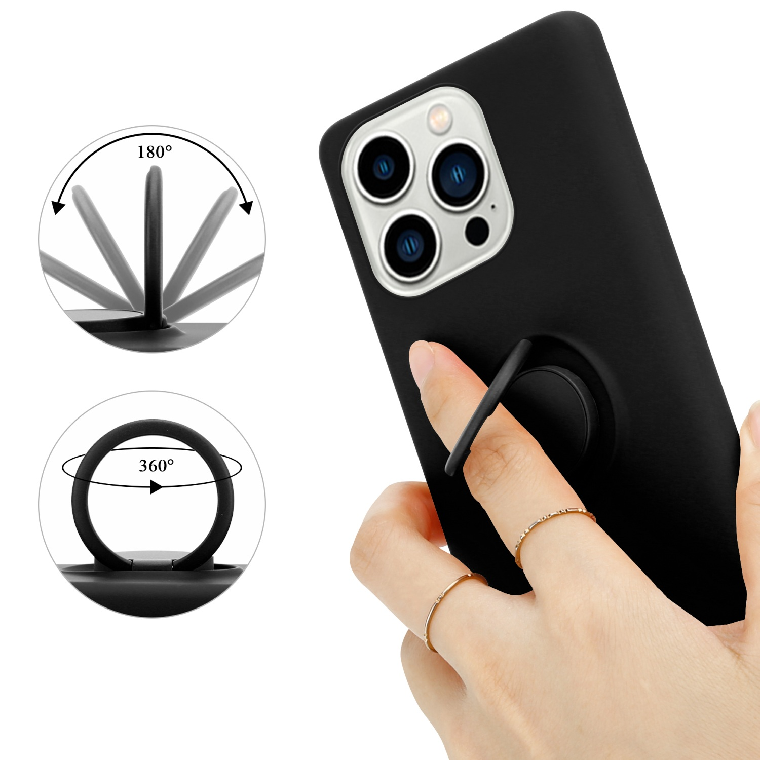 Schwarze Handyhülle mit Ringhalter. Hand mit Ring. Weißer Hintergrund.
