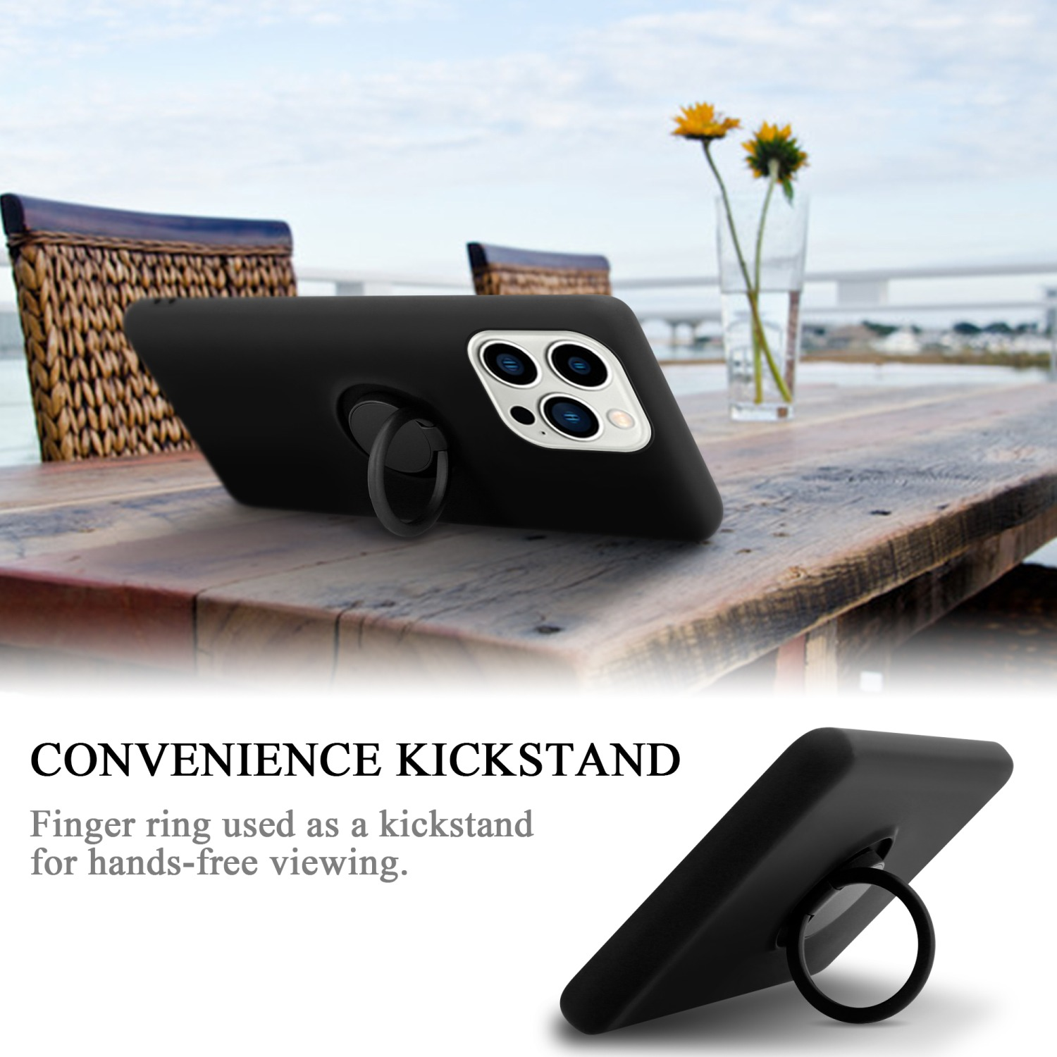 Eine schwarze Handyhülle mit einem Ring-Kickstand. Das Case liegt auf einem Holztisch mit Meerblick.