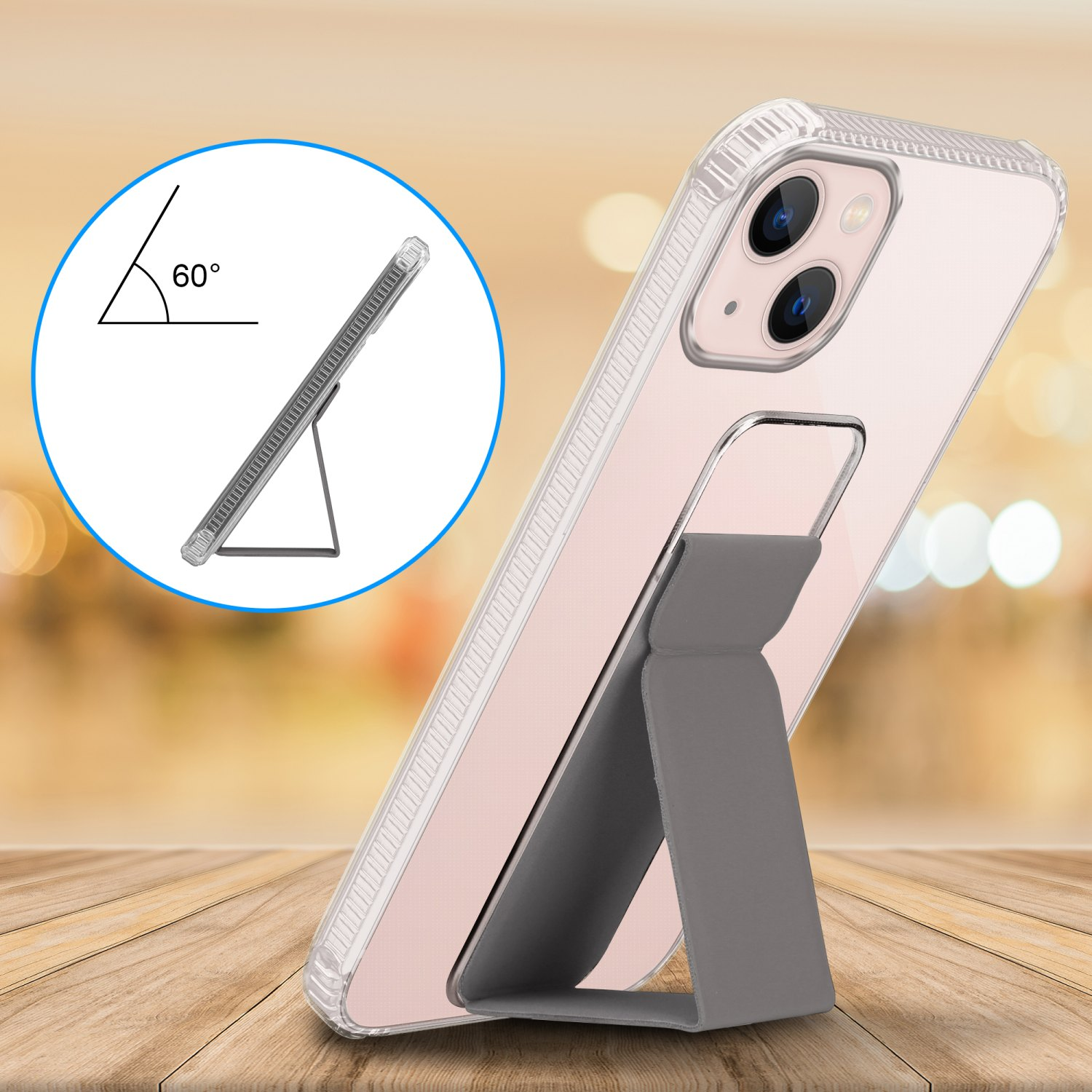 Eine Handyhülle mit Ständer. Das Telefon steht auf einem Holztisch. Der Hintergrund ist unscharf.