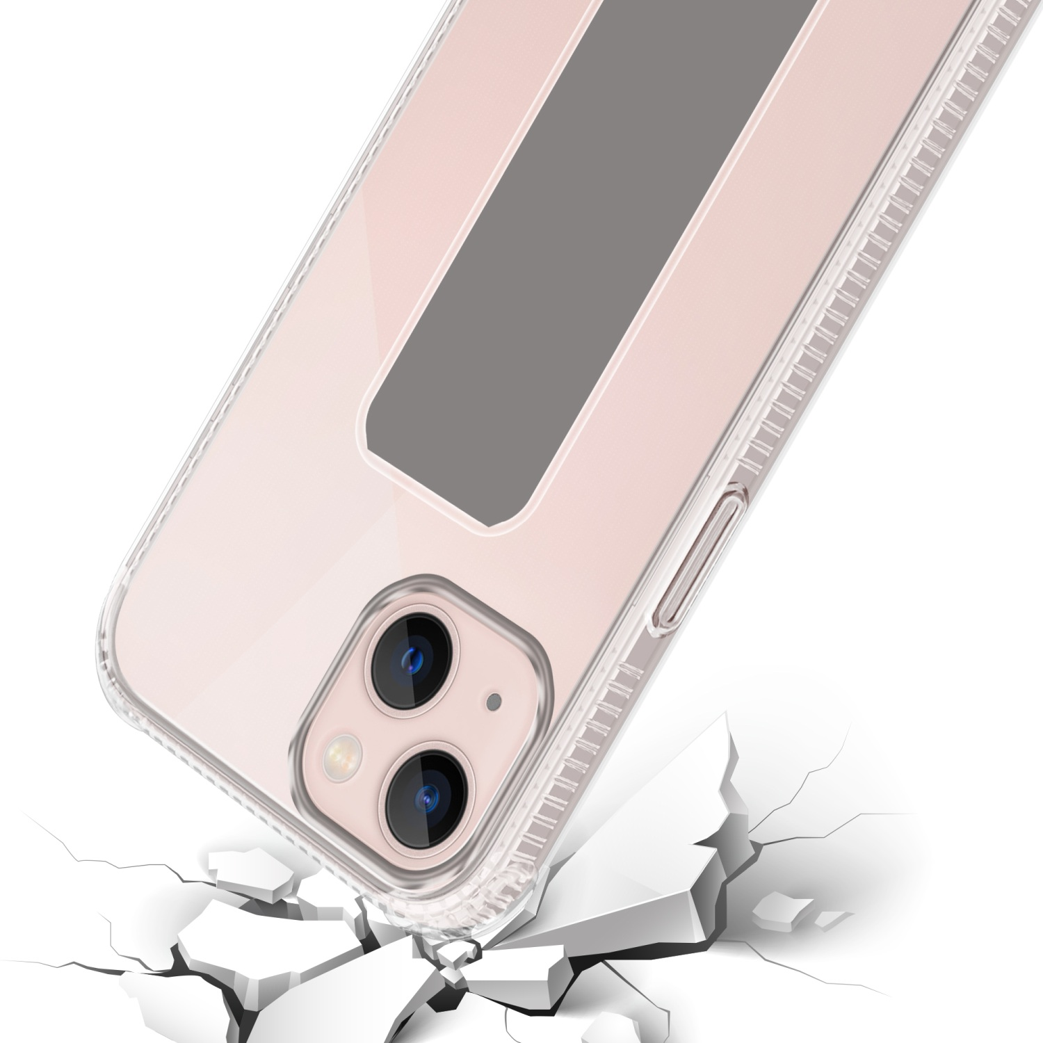 Transparente Handyhülle, Telefon zeigend, auf zerbrochene Oberfläche gefallen.