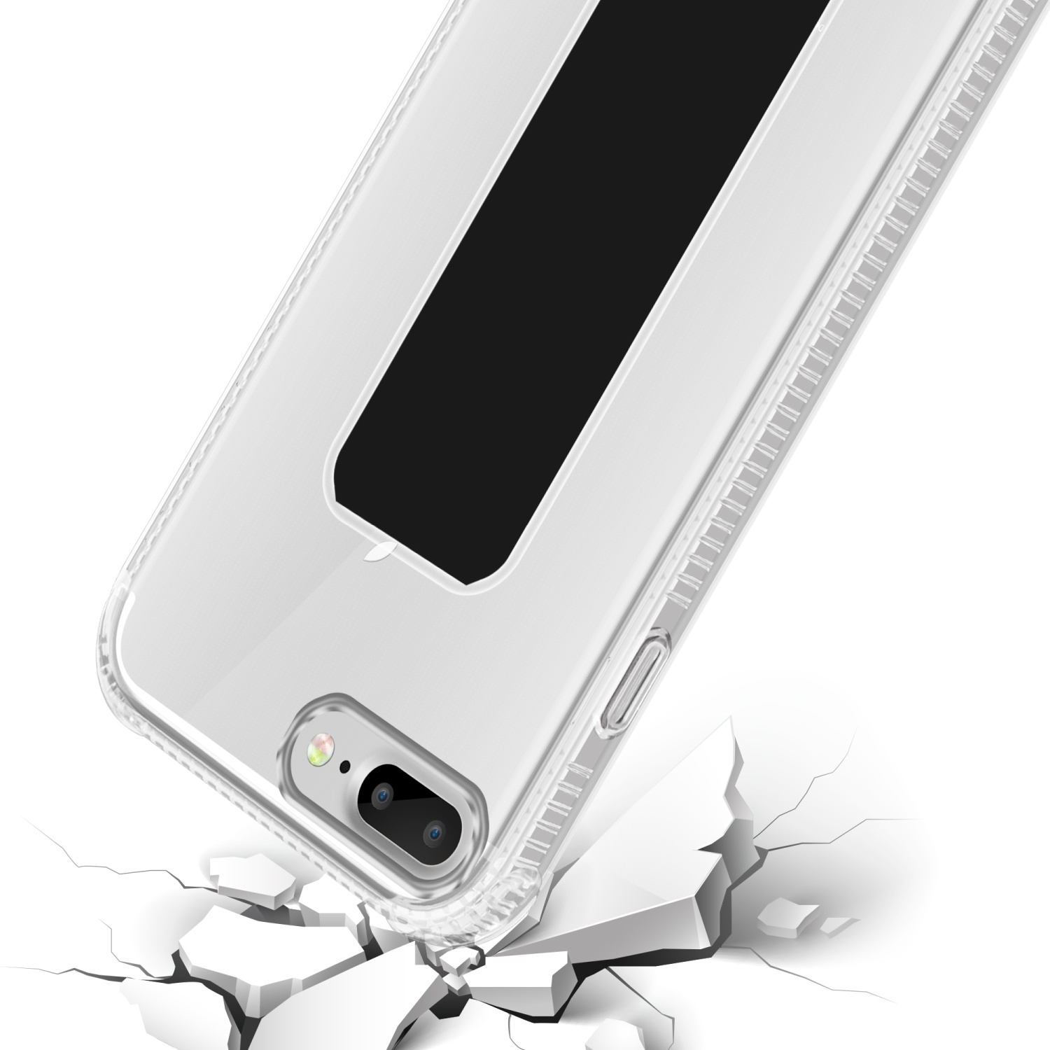 Telefon in durchsichtiger Hülle, zerberstender Boden unten, Nahaufnahme.