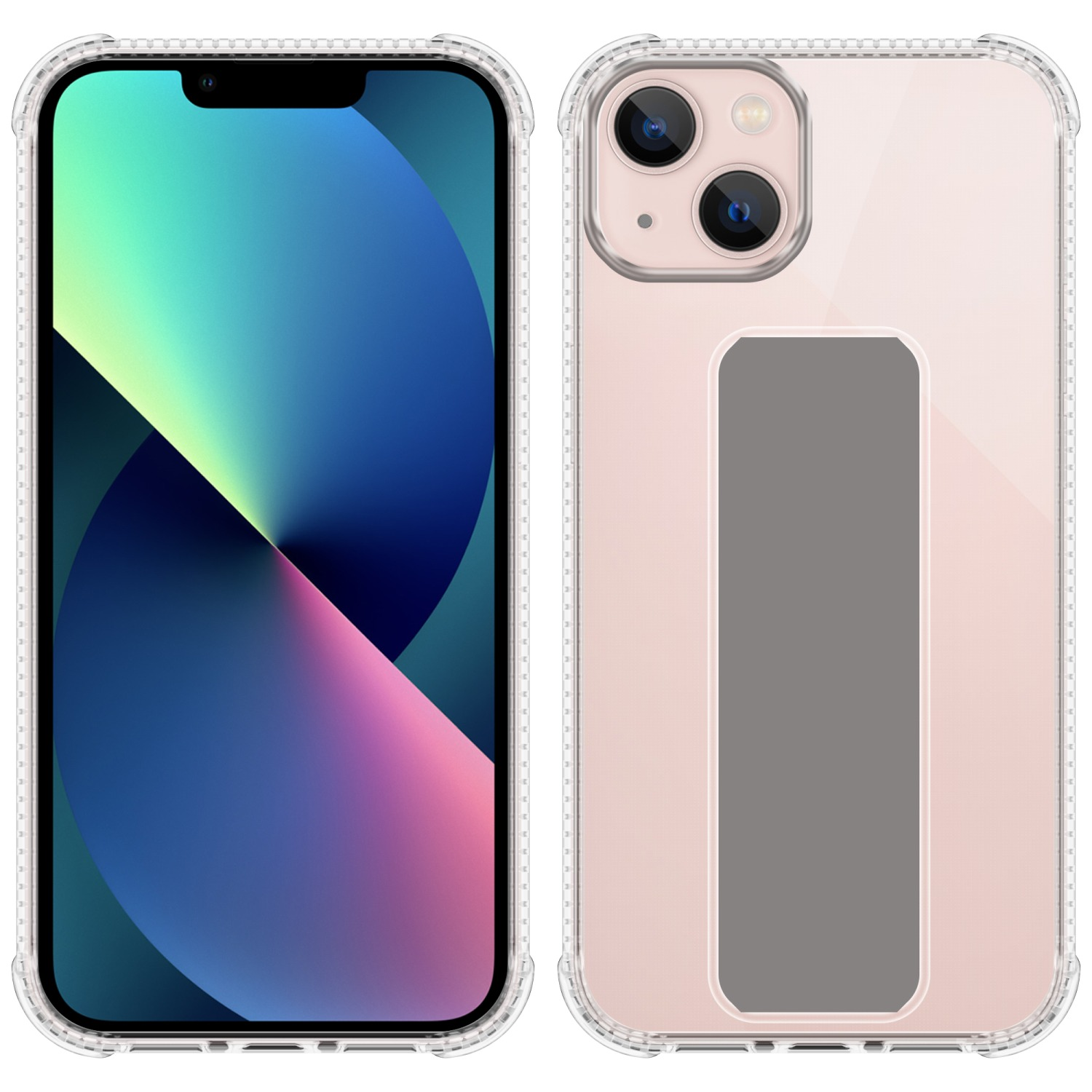 Handyhülle mit Telefon darin. Transparente Hülle mit rosa Hintergrund.