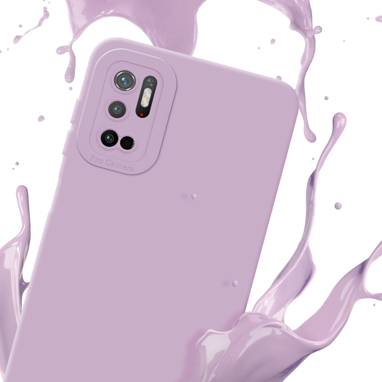 Custodia viola con sporgenza per fotocamera. Schizzo di vernice rosa sullo sfondo. Angolata.