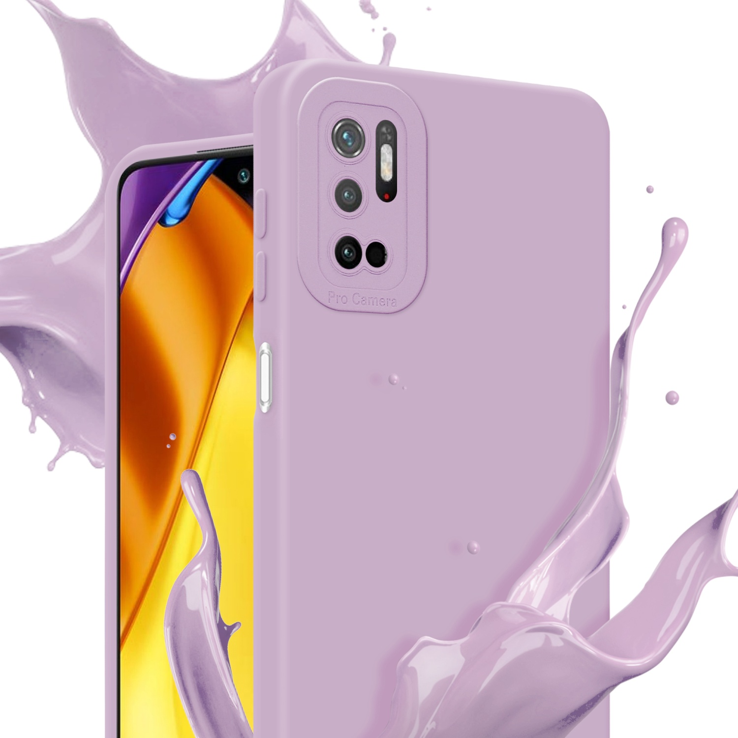 Una custodia per telefono viola con uno spruzzo di liquido viola. La custodia ha 4 ritagli per la fotocamera e un flash.