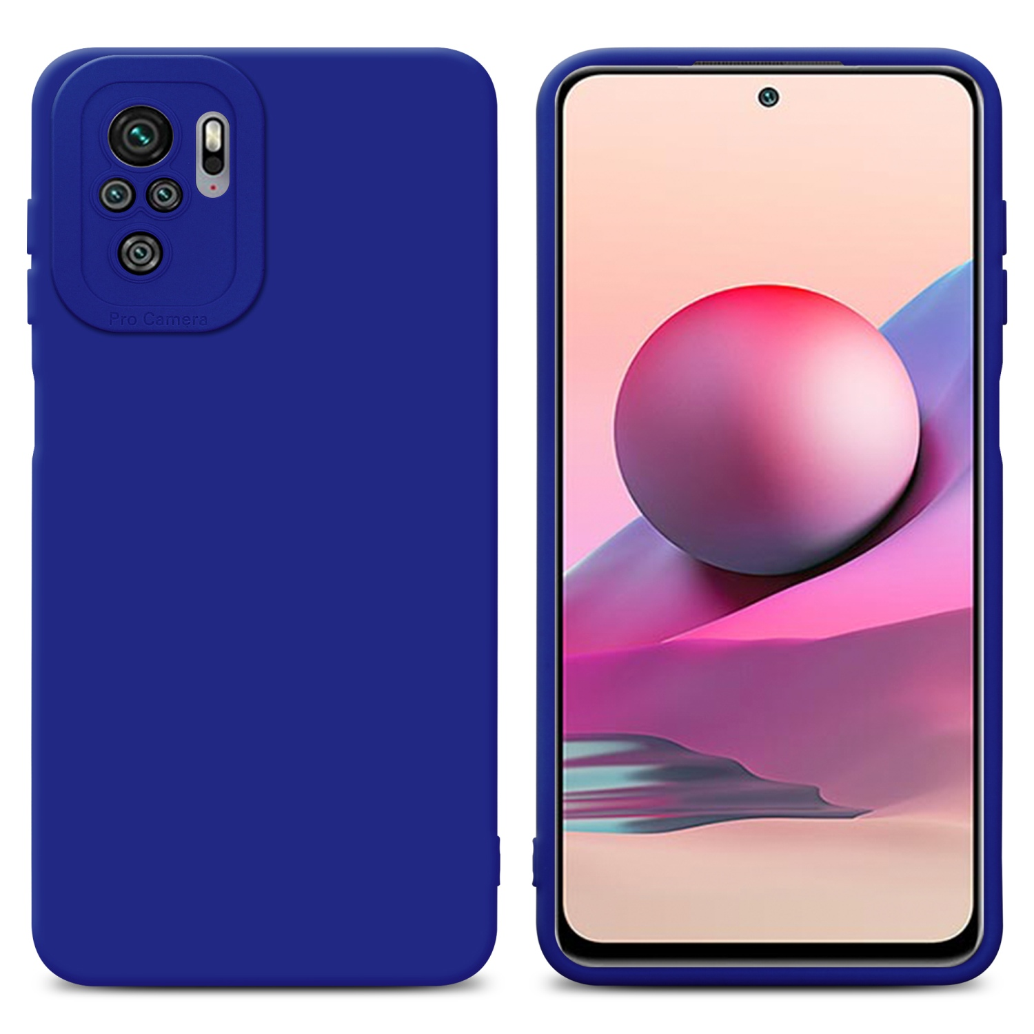 Un telefono blu in una custodia blu. La custodia ha la sezione della fotocamera visibile ed è appoggiata su una superficie.