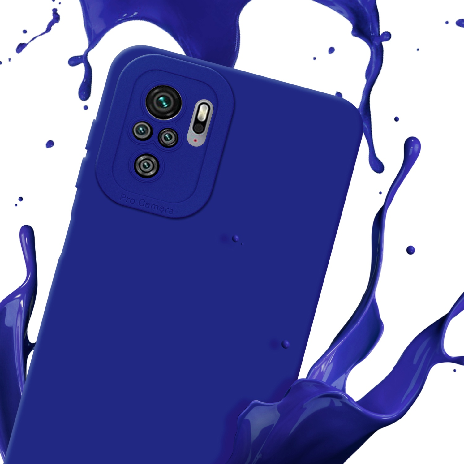 Custodia blu per telefono con schizzi di vernice. Fotocamere visibili.