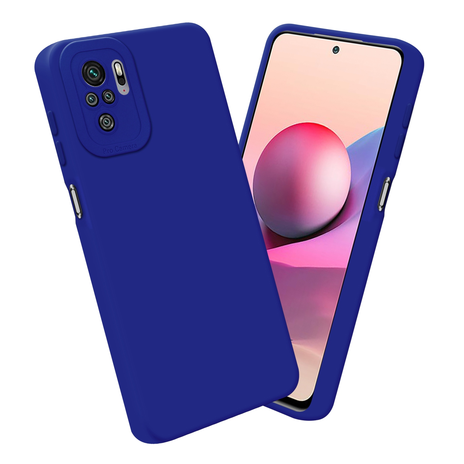 Una custodia per telefono blu scuro davanti a un telefono con schermo blu e rosso.