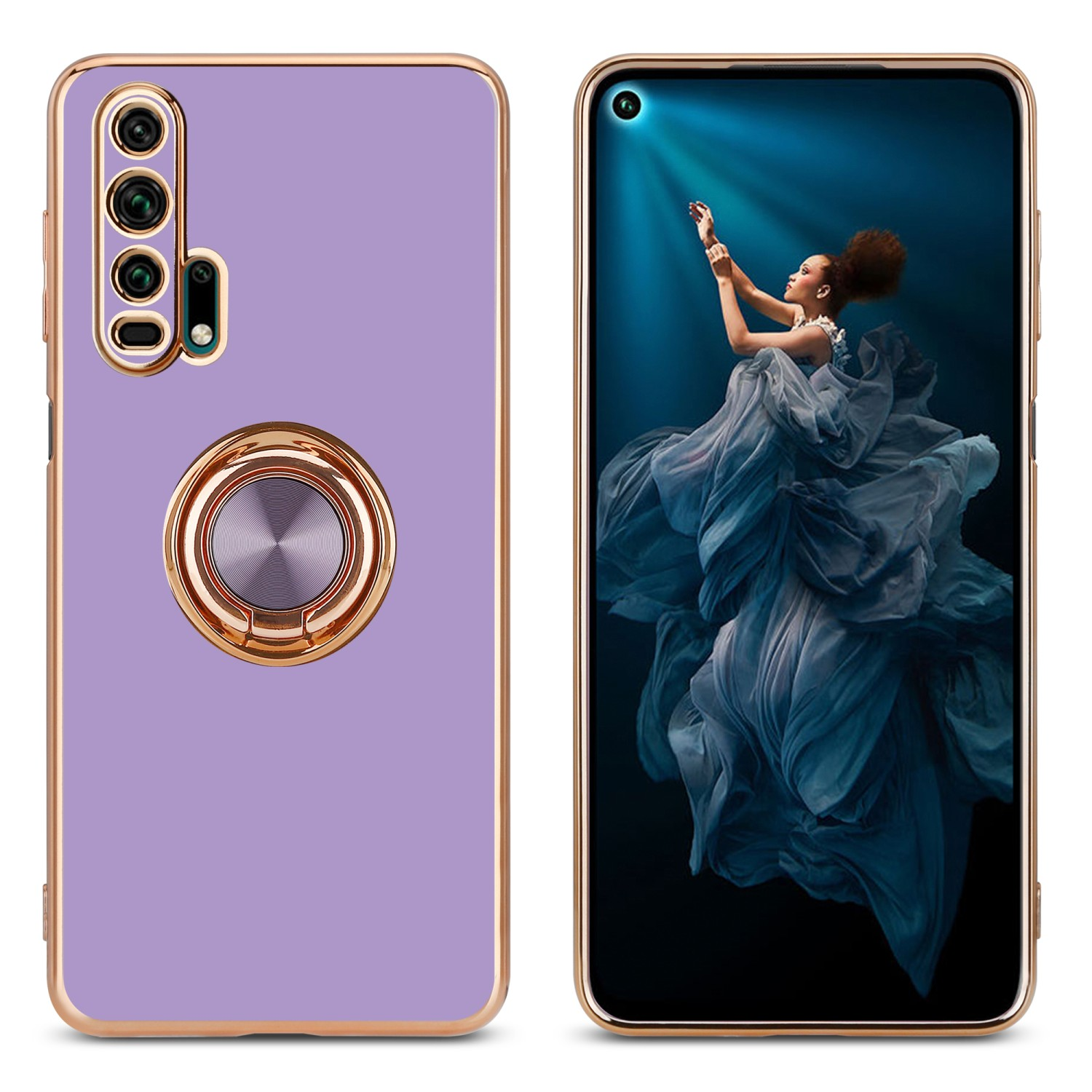 Lila Handyhülle mit goldfarbenem Ringhalter und Telefon mit Frau im Kleid.