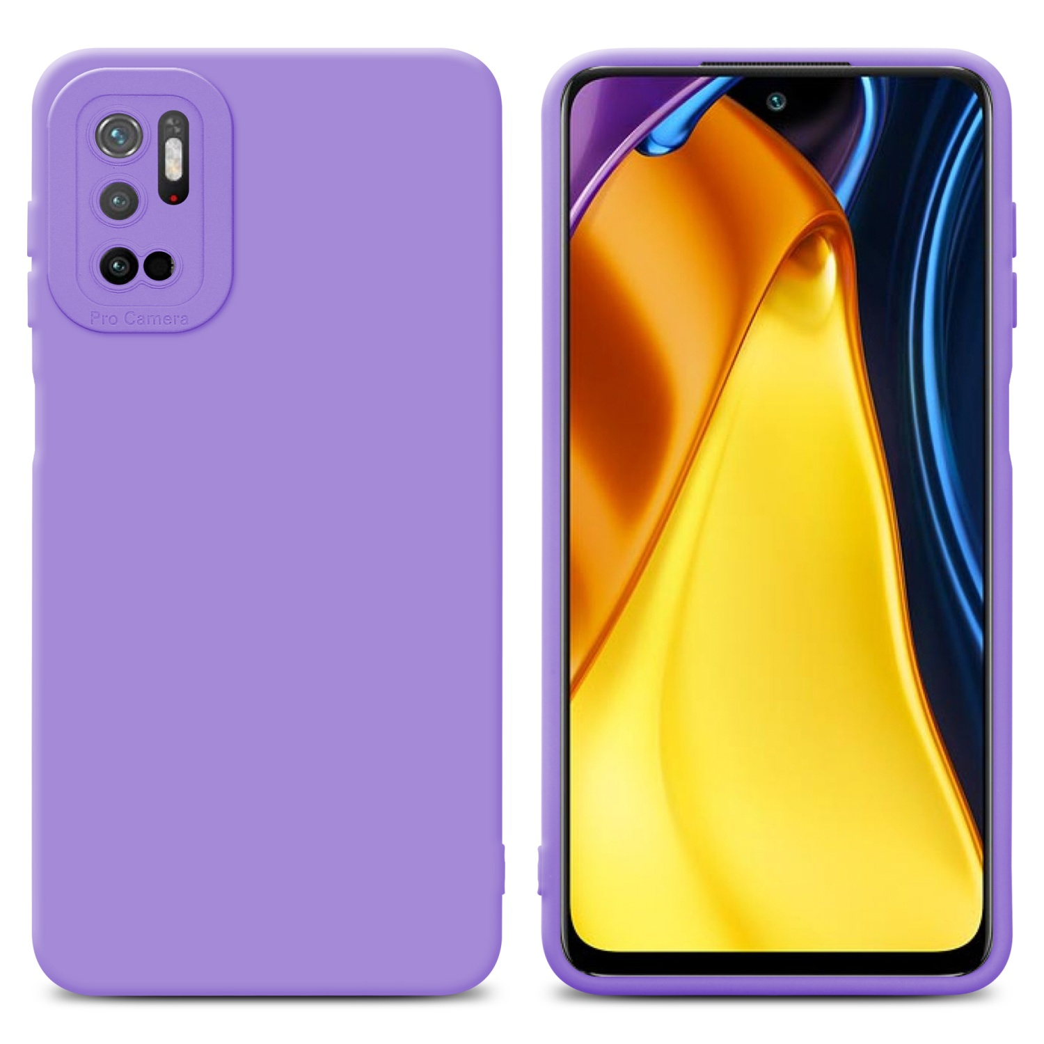 Un telefono con custodia viola. Il telefono è a sinistra e lo schermo a destra.