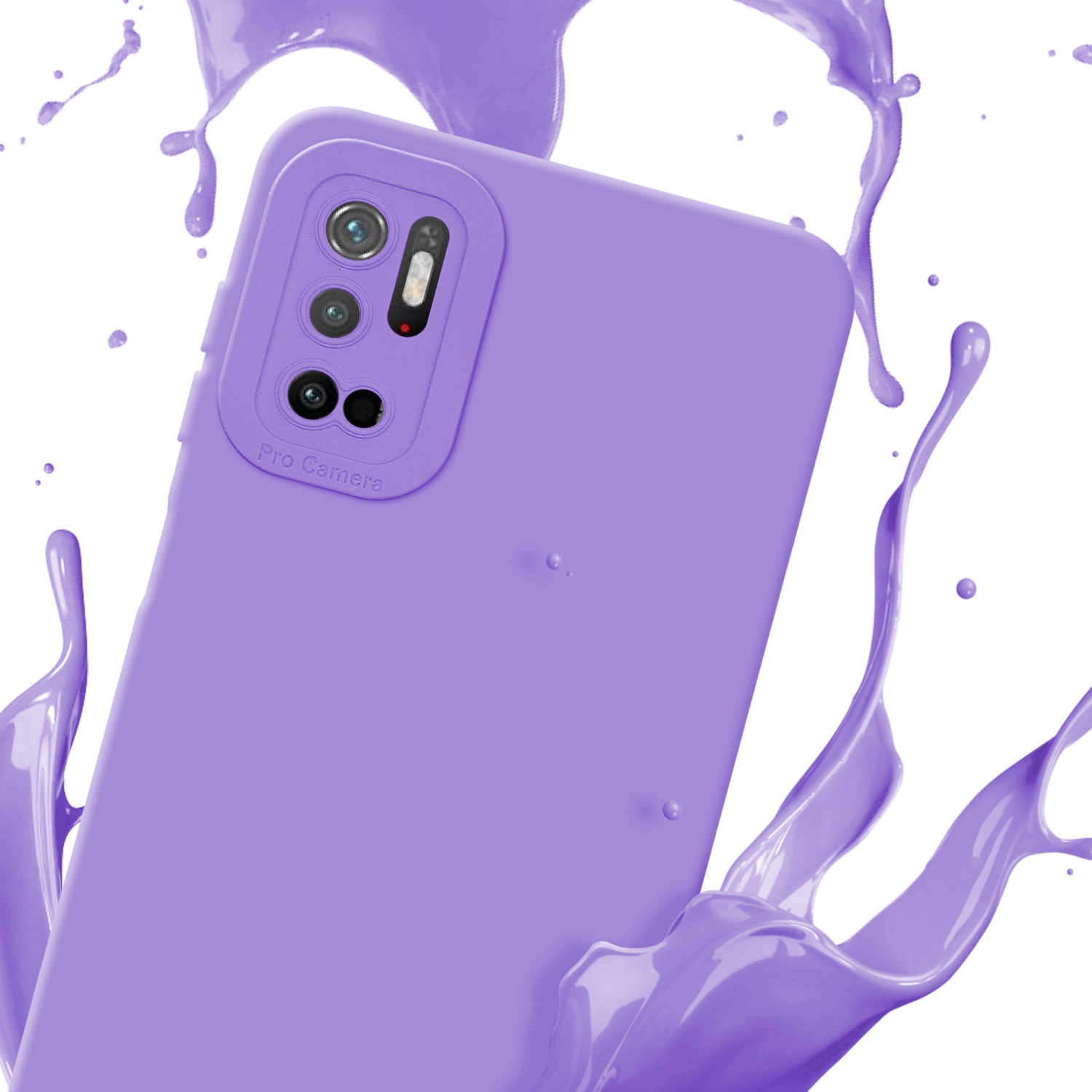 Custodia viola con etichetta Pro Camera e schizzi. Diverse fotocamere sono visibili.