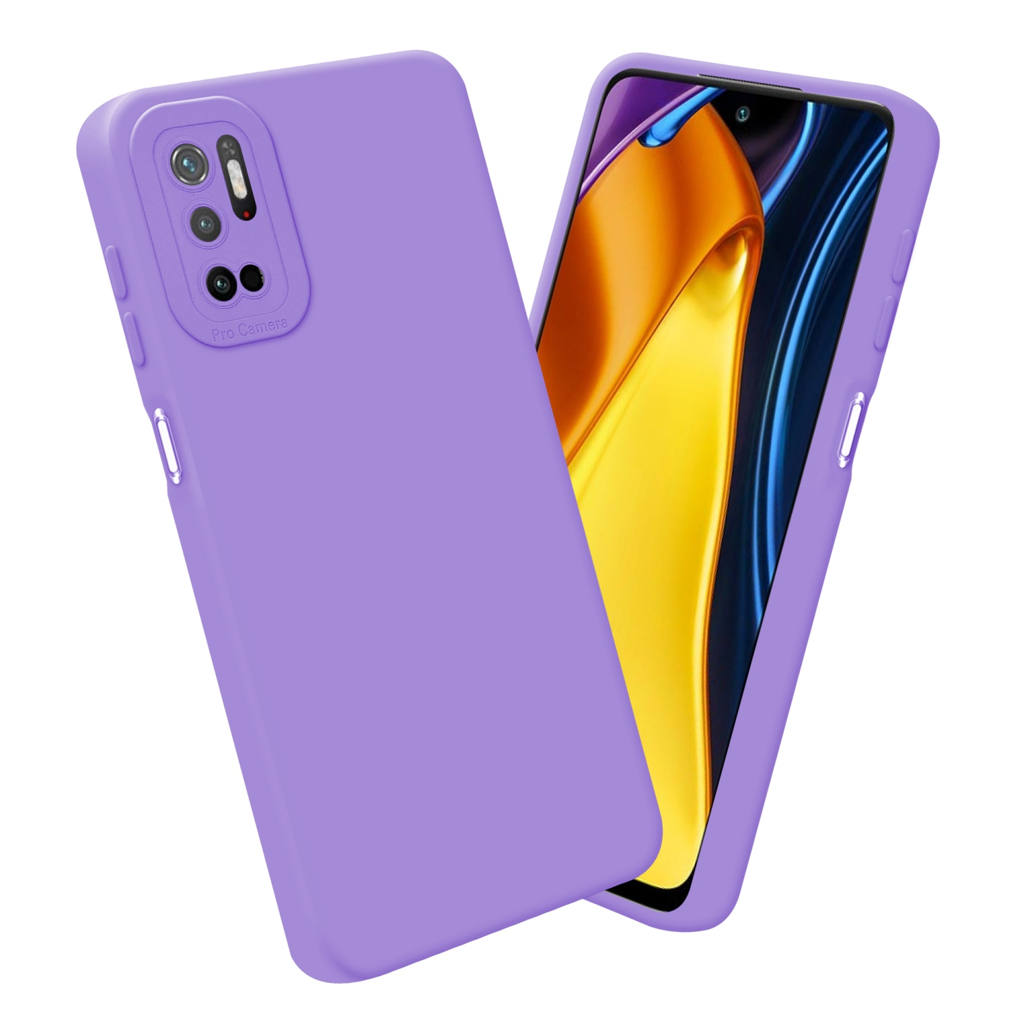 Custodia per telefono lilla con protuberanza della fotocamera. Design elegante. Sfondo bianco.