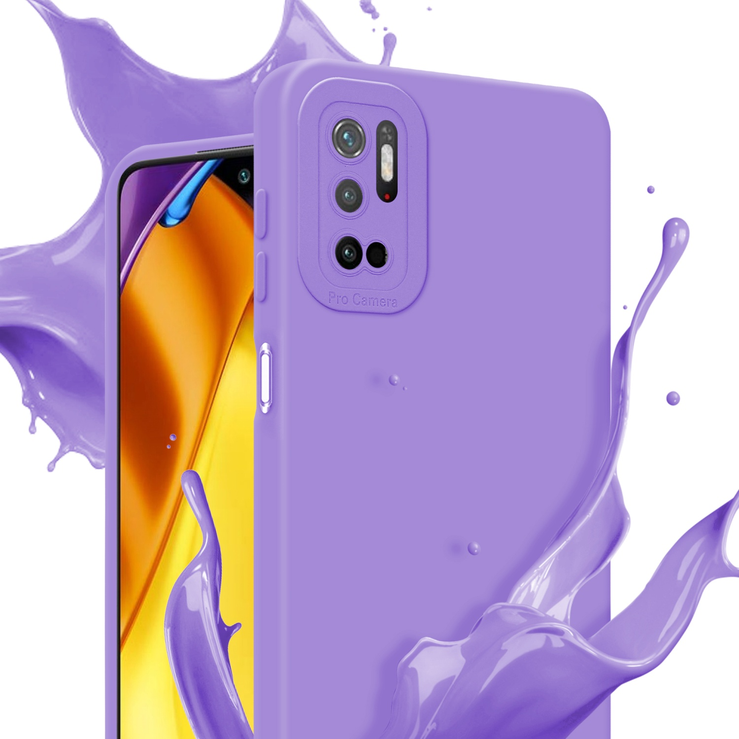 Custodia viola per telefono con sporgenza della fotocamera, con schizzi di vernice viola intorno.
