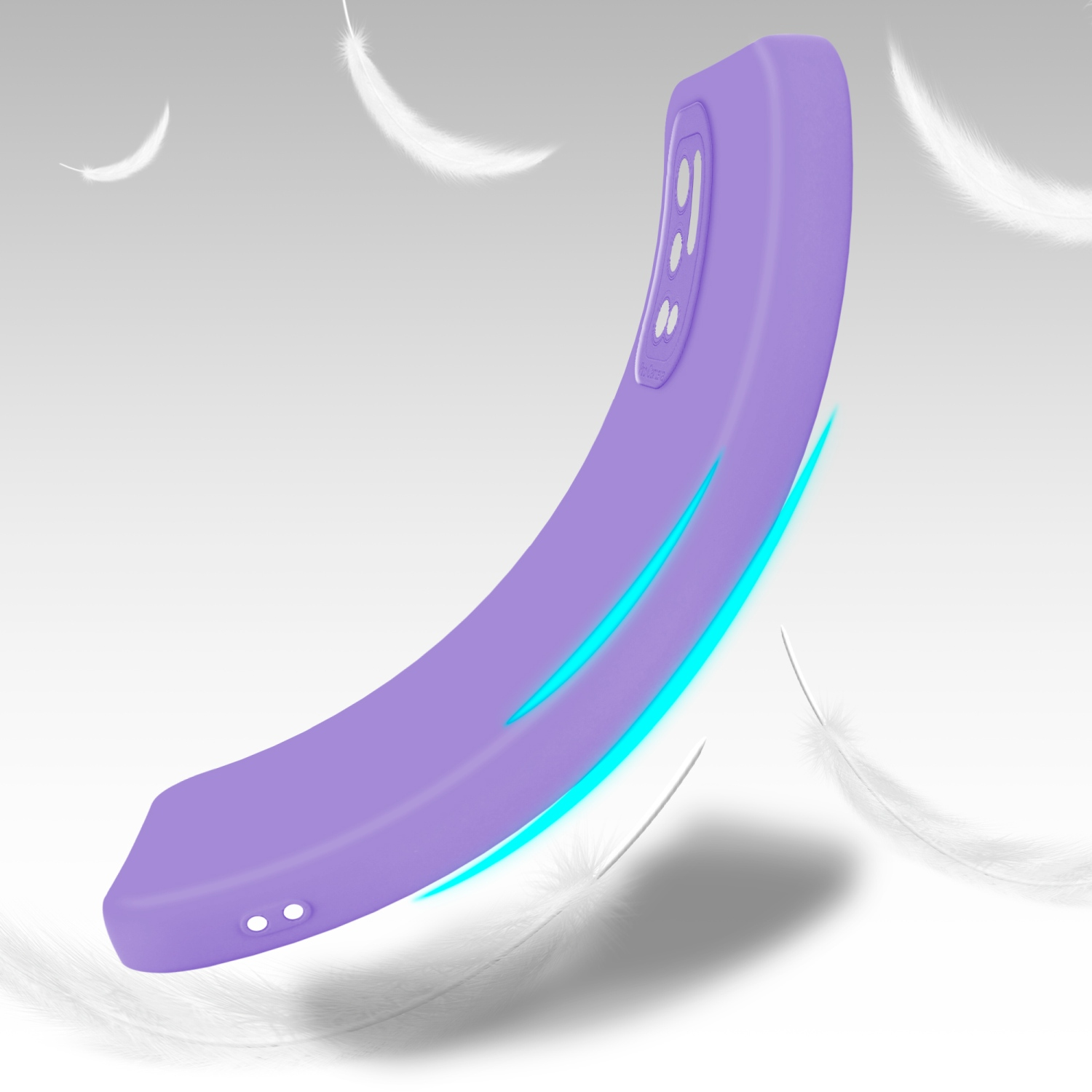 Una custodia per telefono viola curva con un'ombra, fluttuante con piume bianche sullo sfondo.