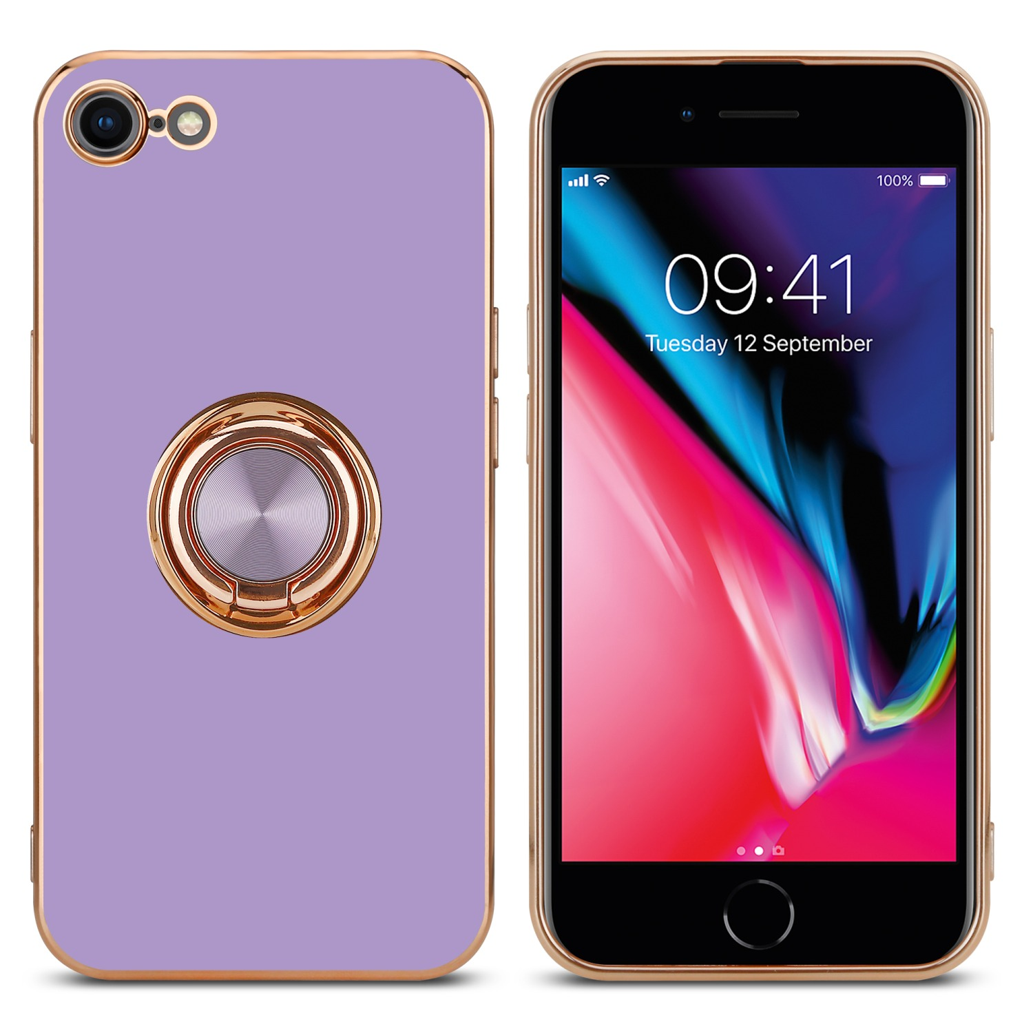 Lila Handyhülle mit Ringhalter und einem Telefon, das die Uhrzeit anzeigt.