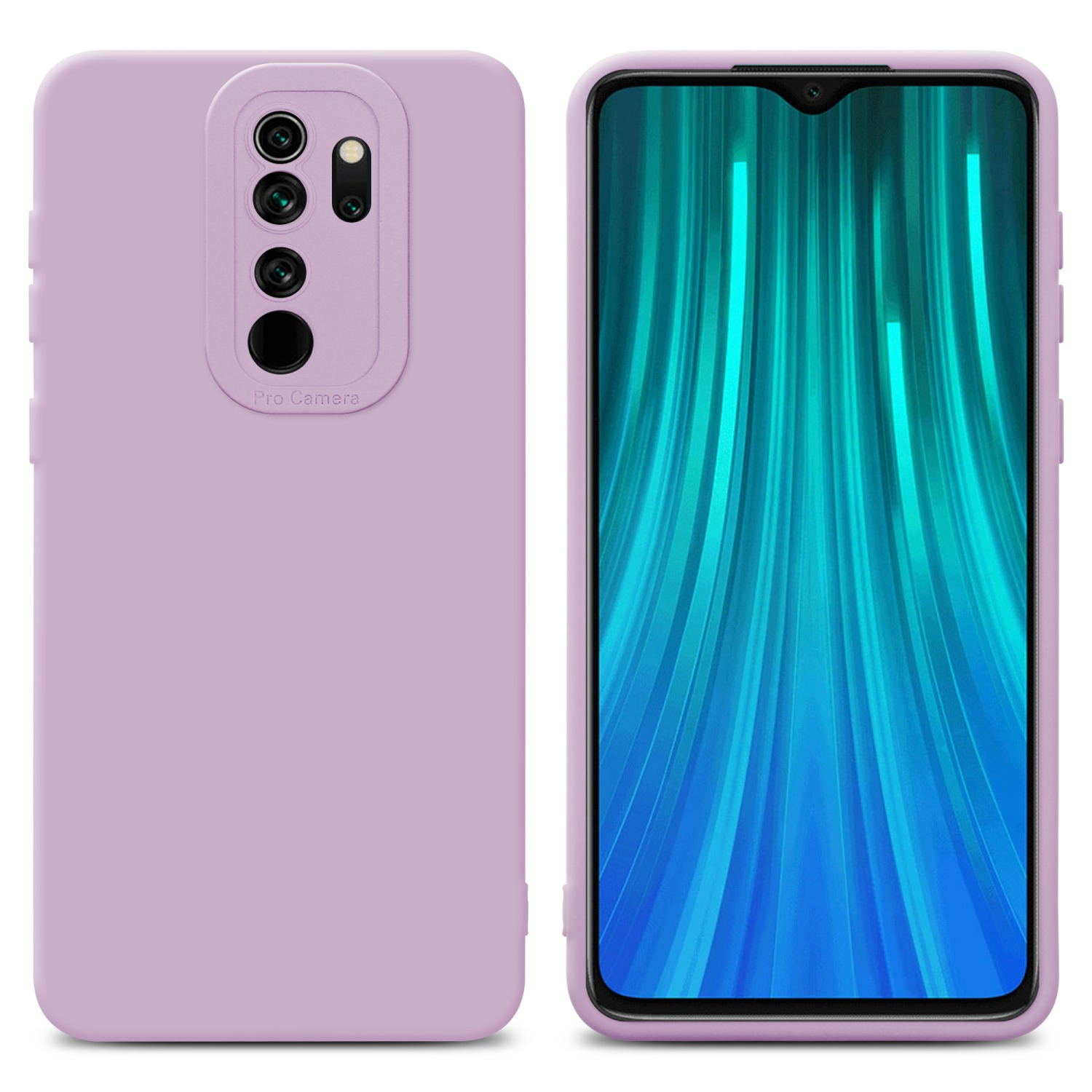 Custodia lavanda con protezione fotocamera, mostra schermo su sfondo bianco.