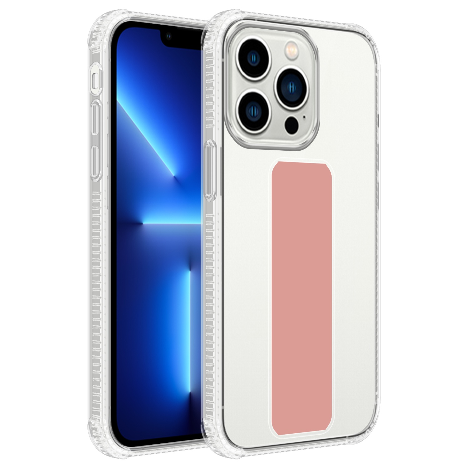 Transparente Handyhülle mit einem Telefon darin. Die Hülle hat einen rosa Streifen. Das Telefon ist sichtbar.