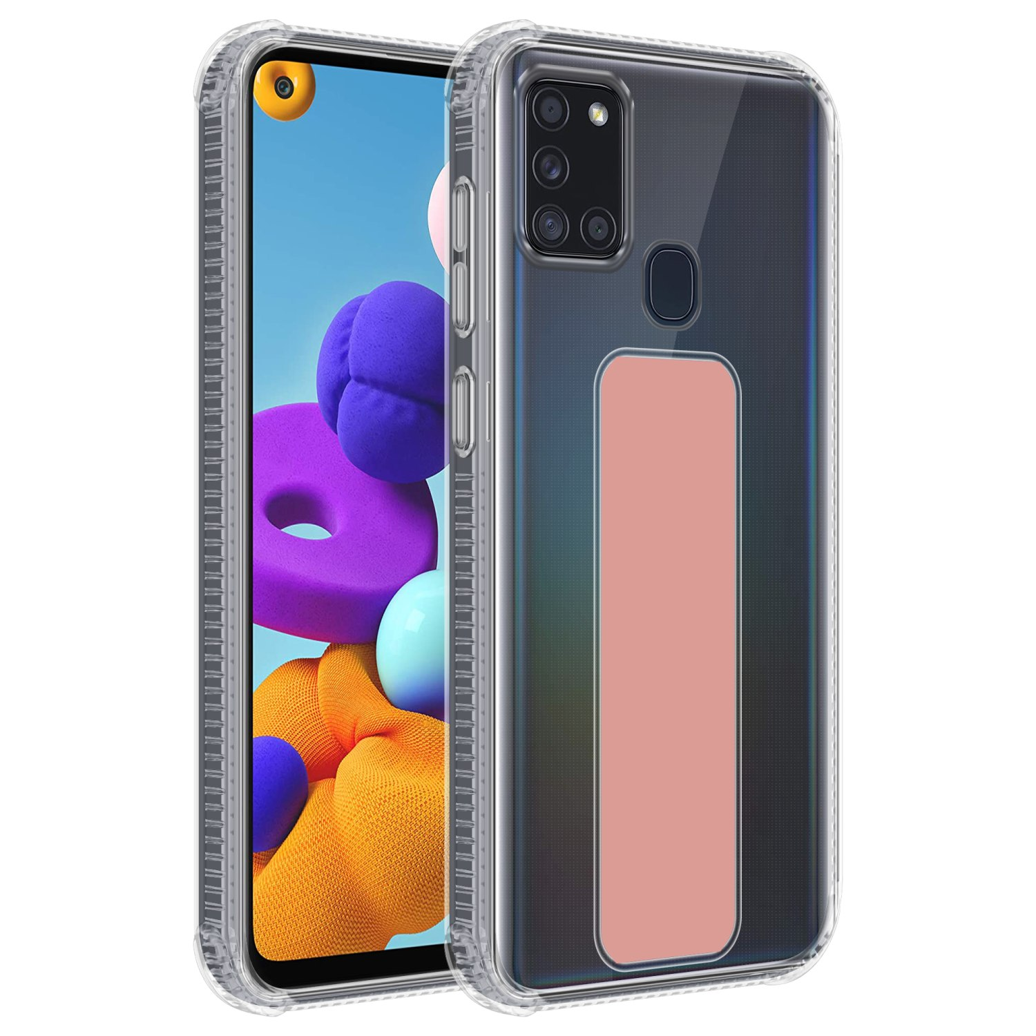 Transparente Handyhülle auf einem Telefon. Es hat ein rosa Rechteck auf der Rückseite.