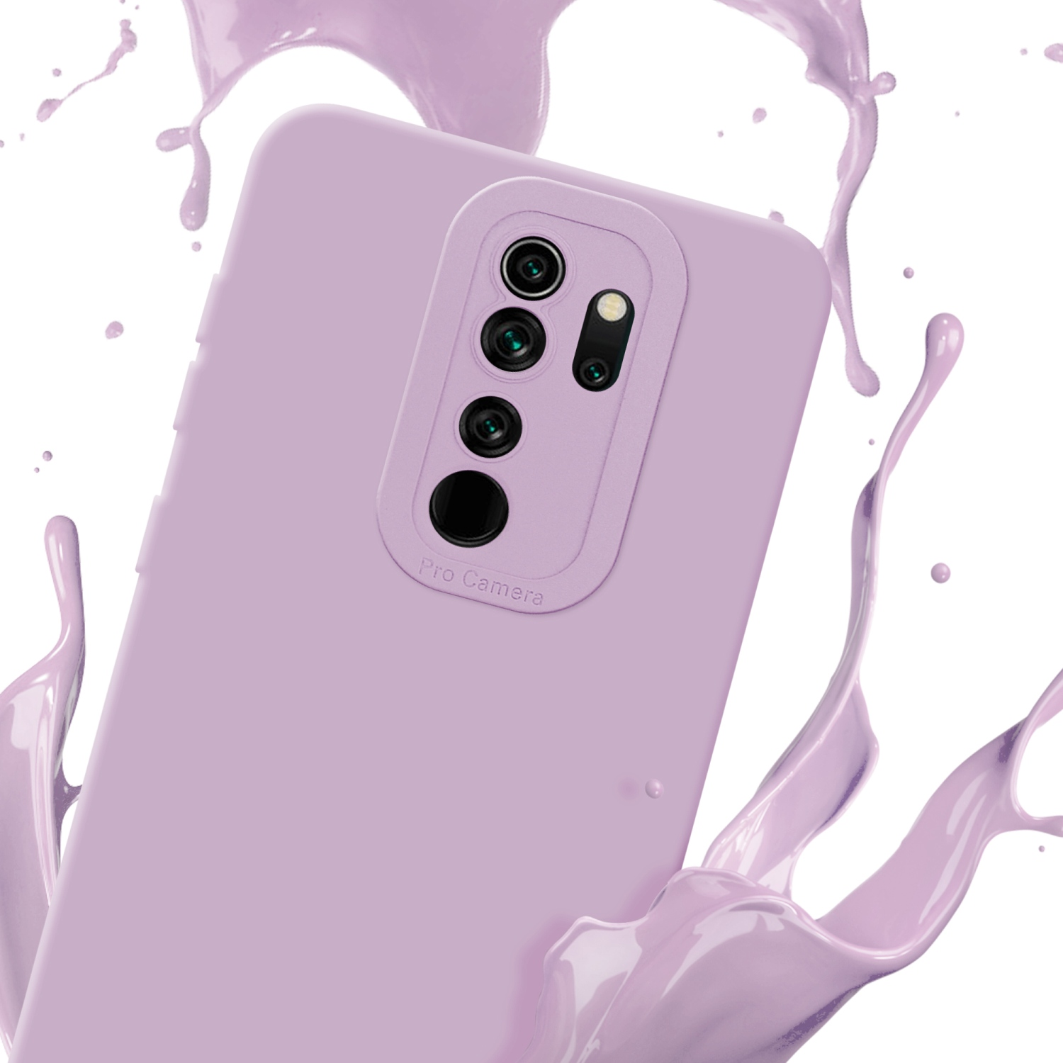 Custodia viola con telefono, circondata da schizzi di vernice viola.