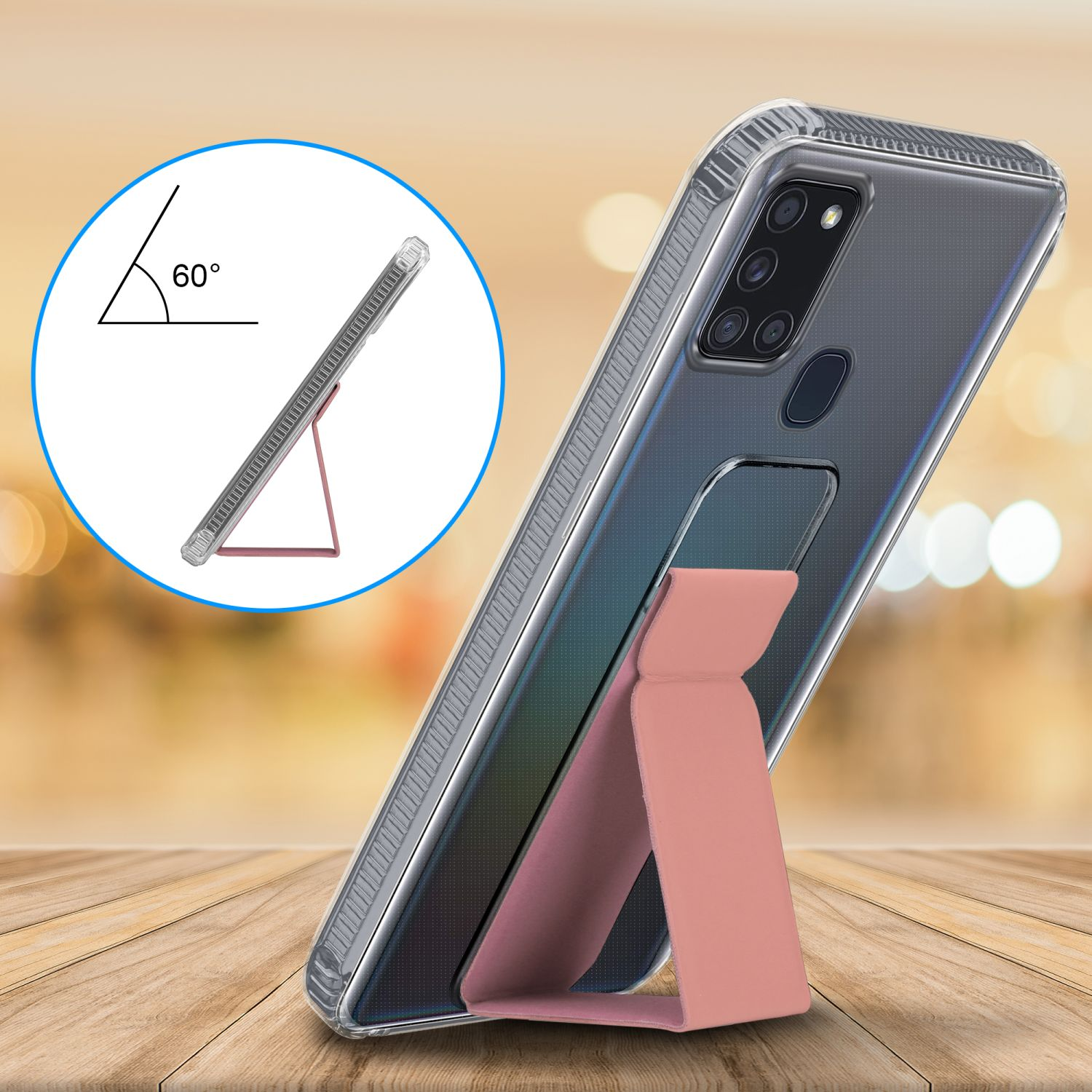 Transparente Handyhülle mit Ständer, der das Telefon in einem 60-Grad-Winkel stützt.