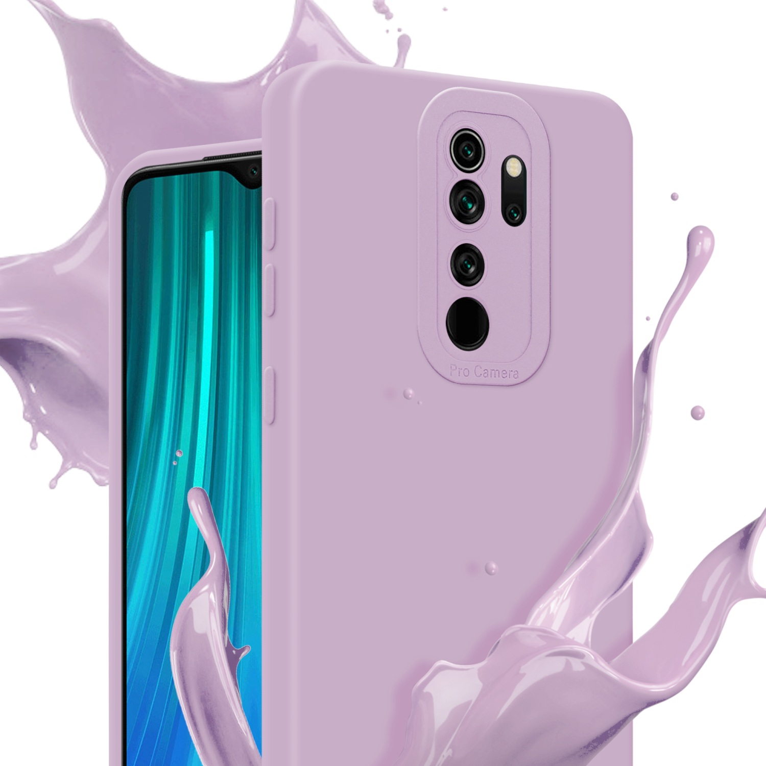 Custodia per telefono lilla chiaro con effetto splash. Un telefono è all'interno. Testo 'Pro Camera'.