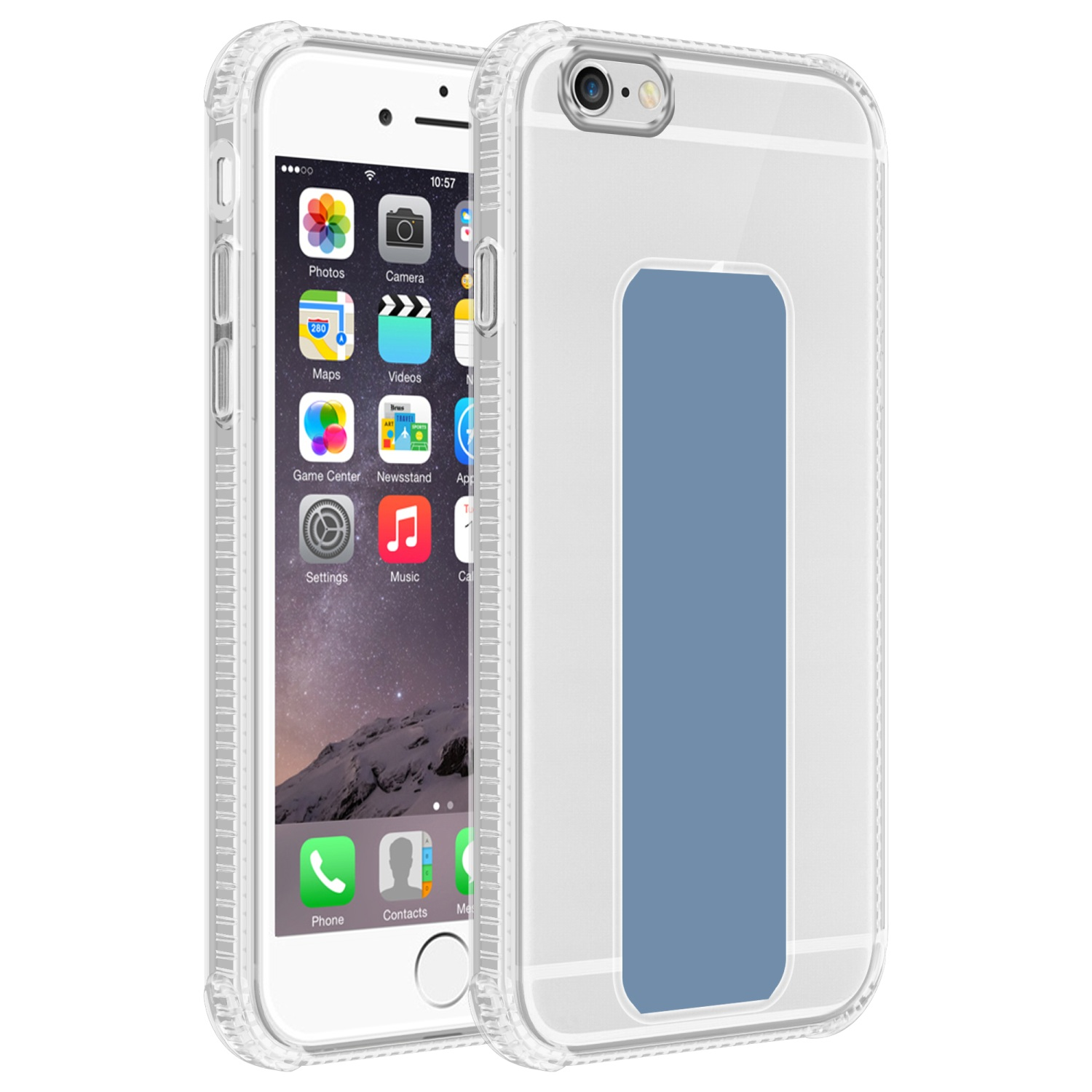 Eine transparente Hülle mit einem Telefon darin, das den Bildschirm und die Home-Taste zeigt, auf weißem Hintergrund.
