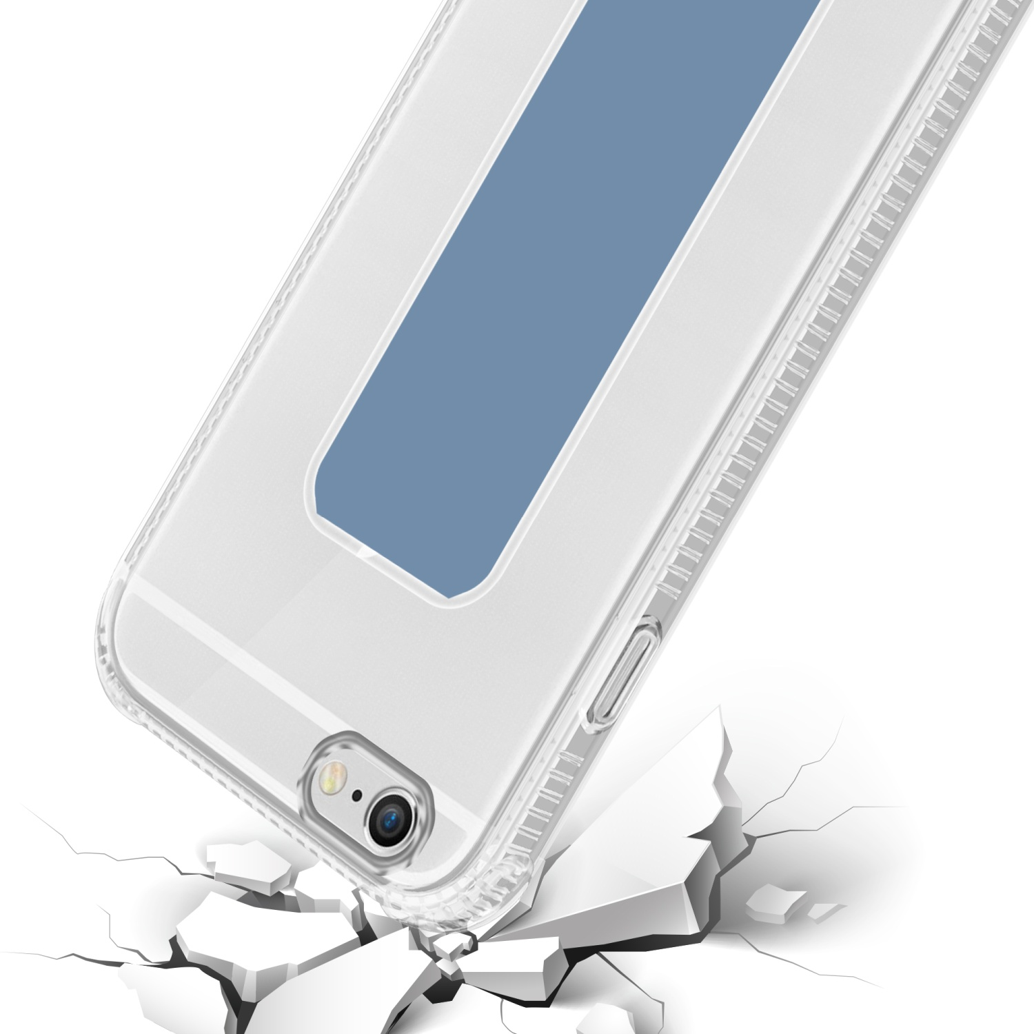 Eine Handyhülle mit blauem Streifen und das Telefon, das den Boden mit einem Riss-Effekt durchbricht.