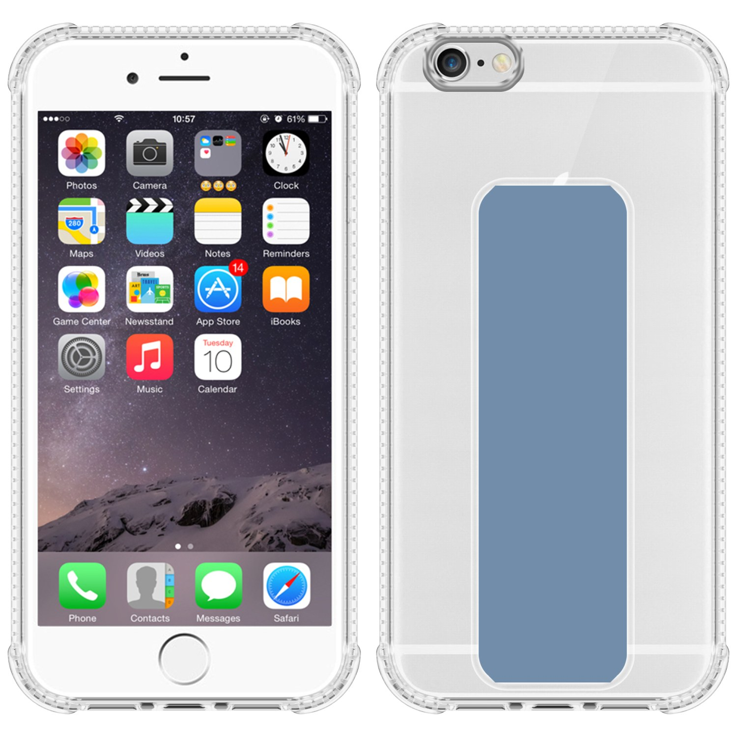 iPhone mit durchsichtiger Hülle. Telefon zeigt Apps und Uhrzeit. Hülle rechts.
