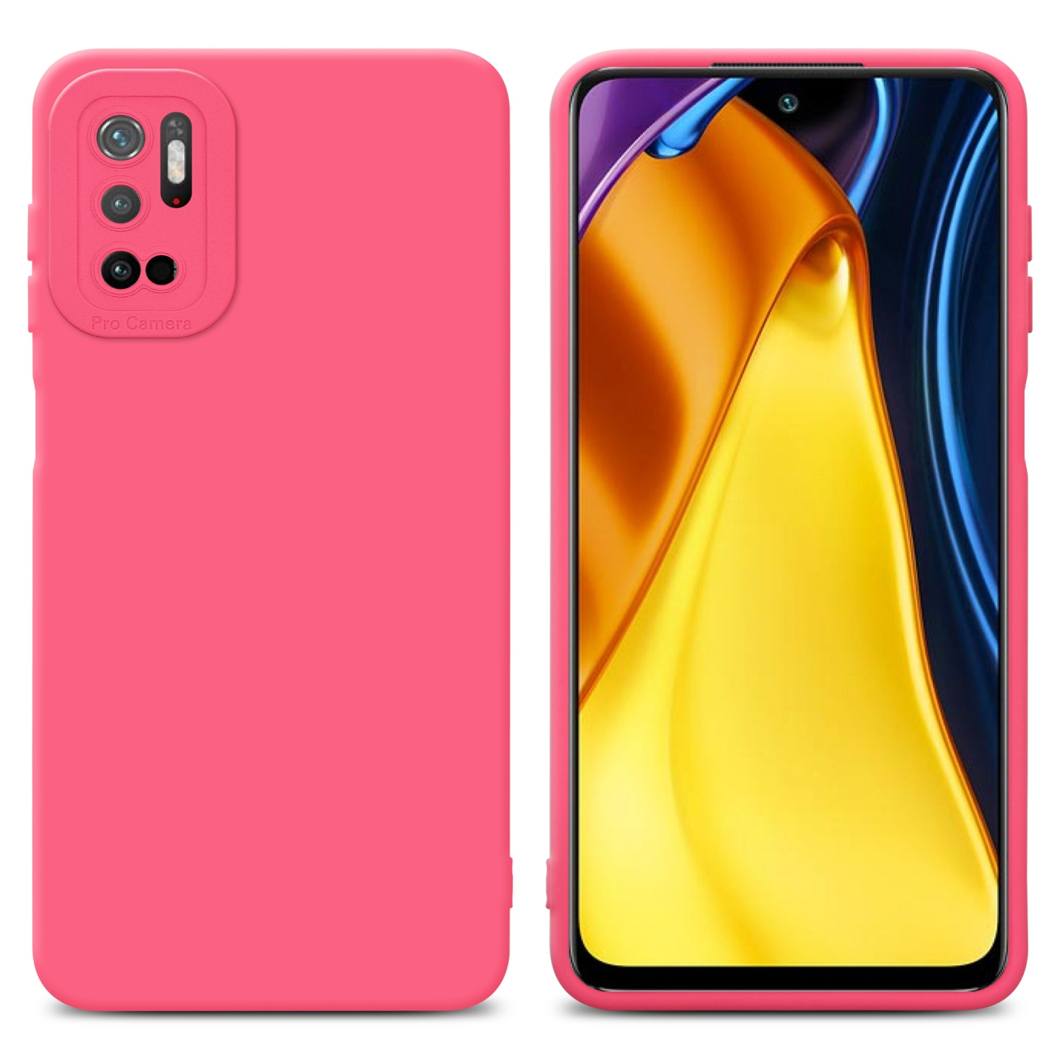 Due immagini di una custodia per telefono rosa che mostrano la parte anteriore e posteriore. Il retro ha una fotocamera e il fronte è uno schermo.