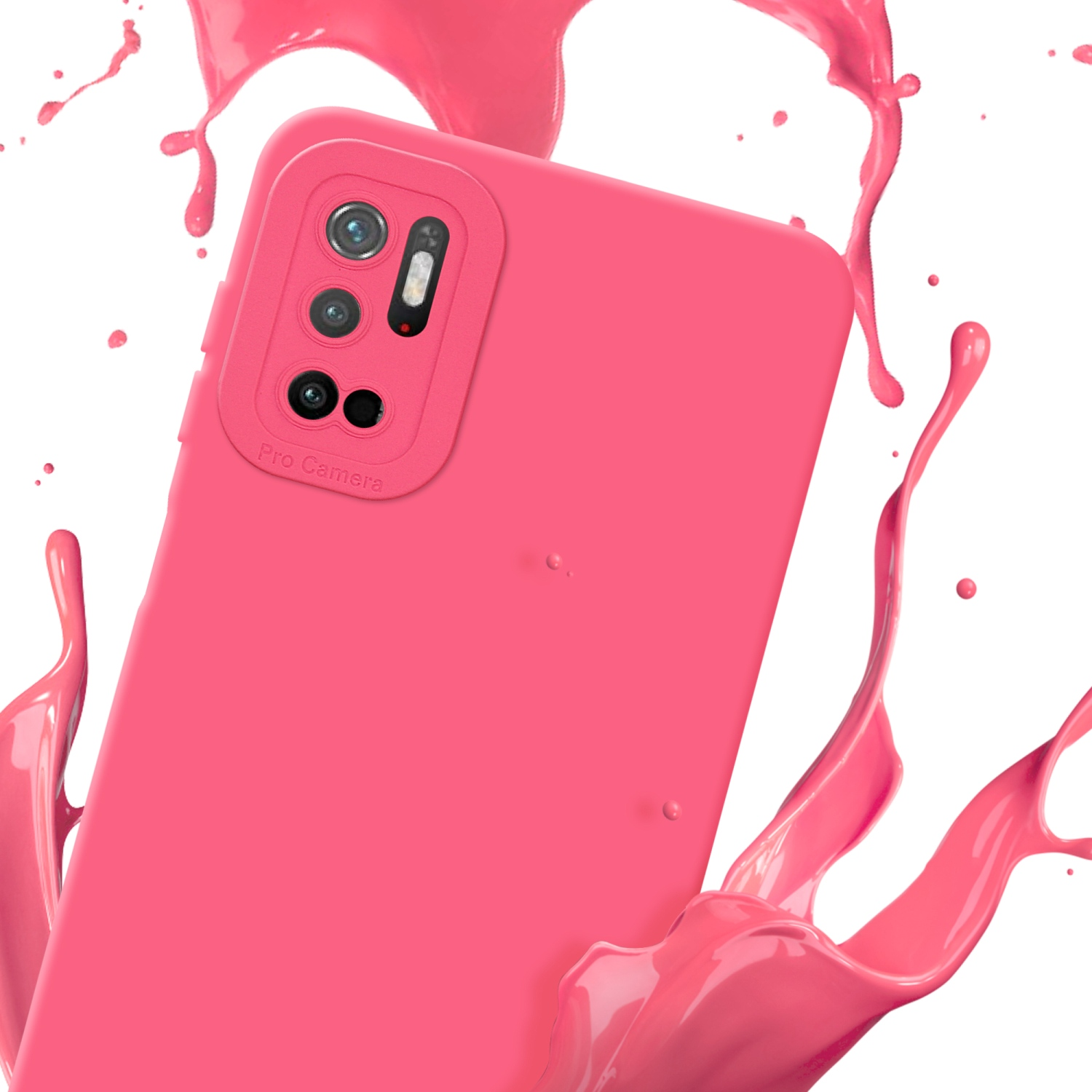 Custodia rosa con ritaglio fotocamera e schizzi di vernice. La custodia è su sfondo bianco.